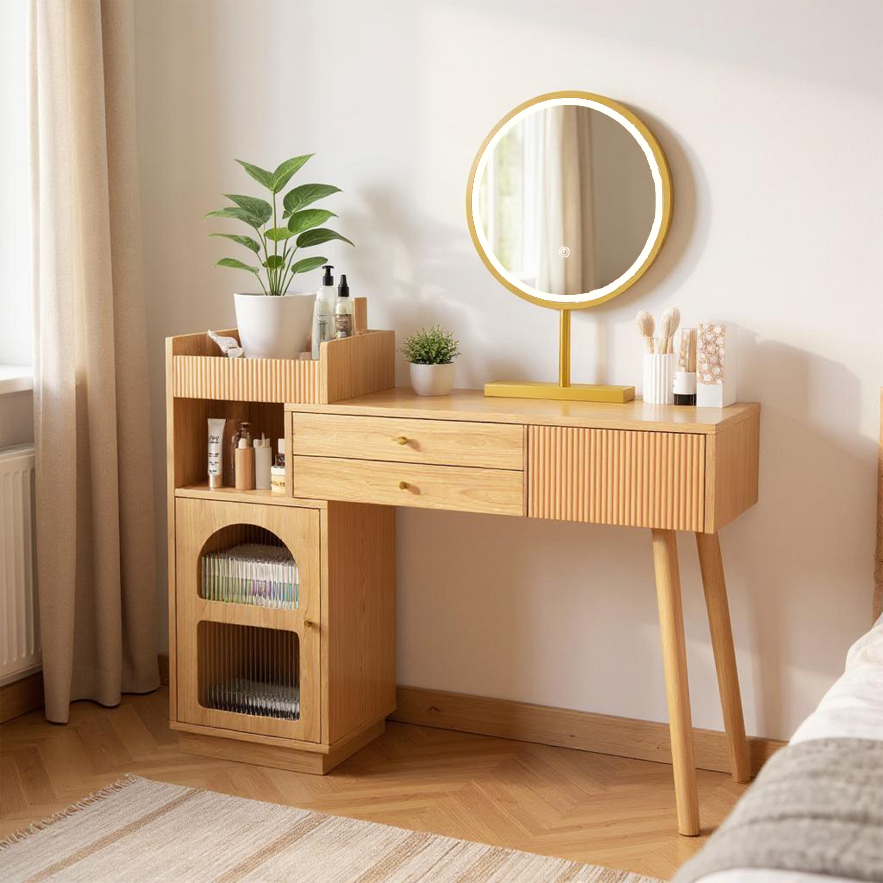 Coiffeuse moderne avec miroir LED à 3 lumières, grand espace de rangement et armoire latérale en verre, 120x40x90 cm
