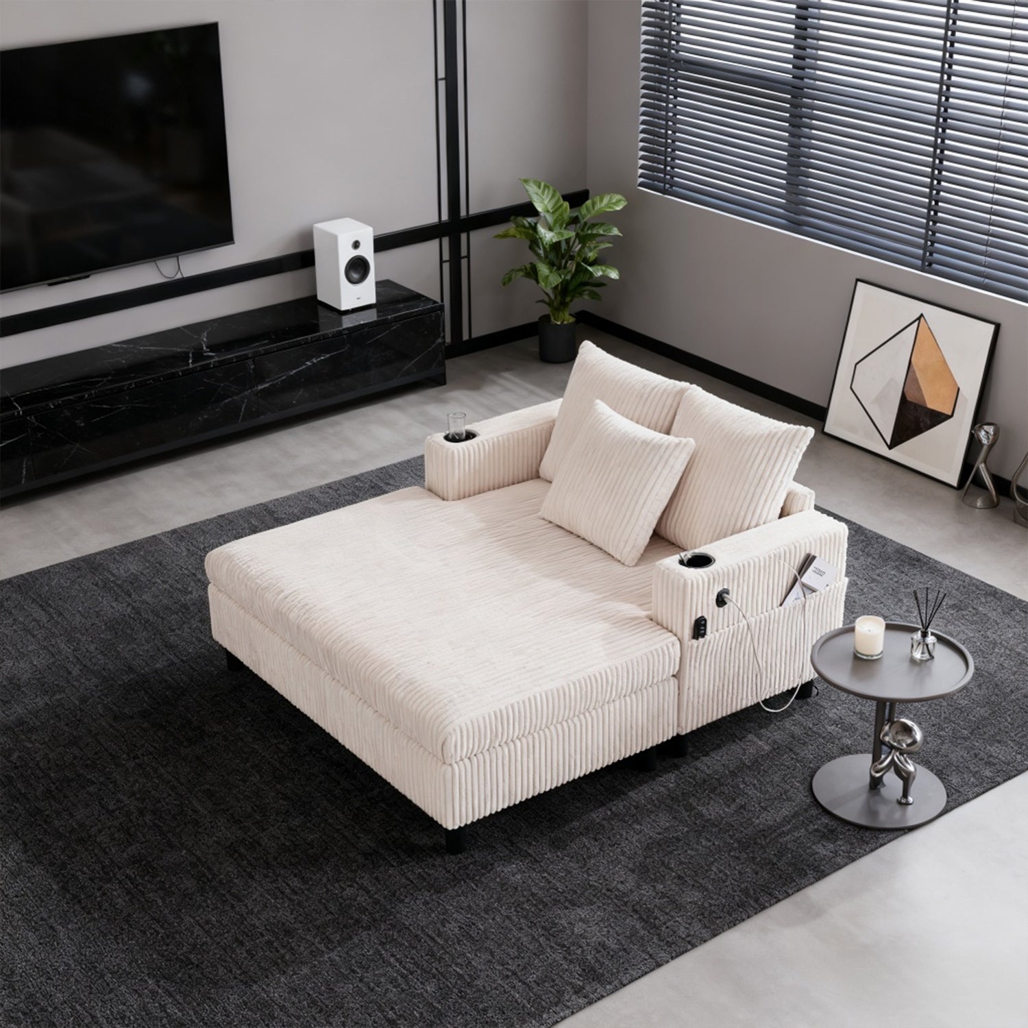 Canapé lounge en velours côtelé souple avec ports USB et éclairage d'ambiance LED, beige