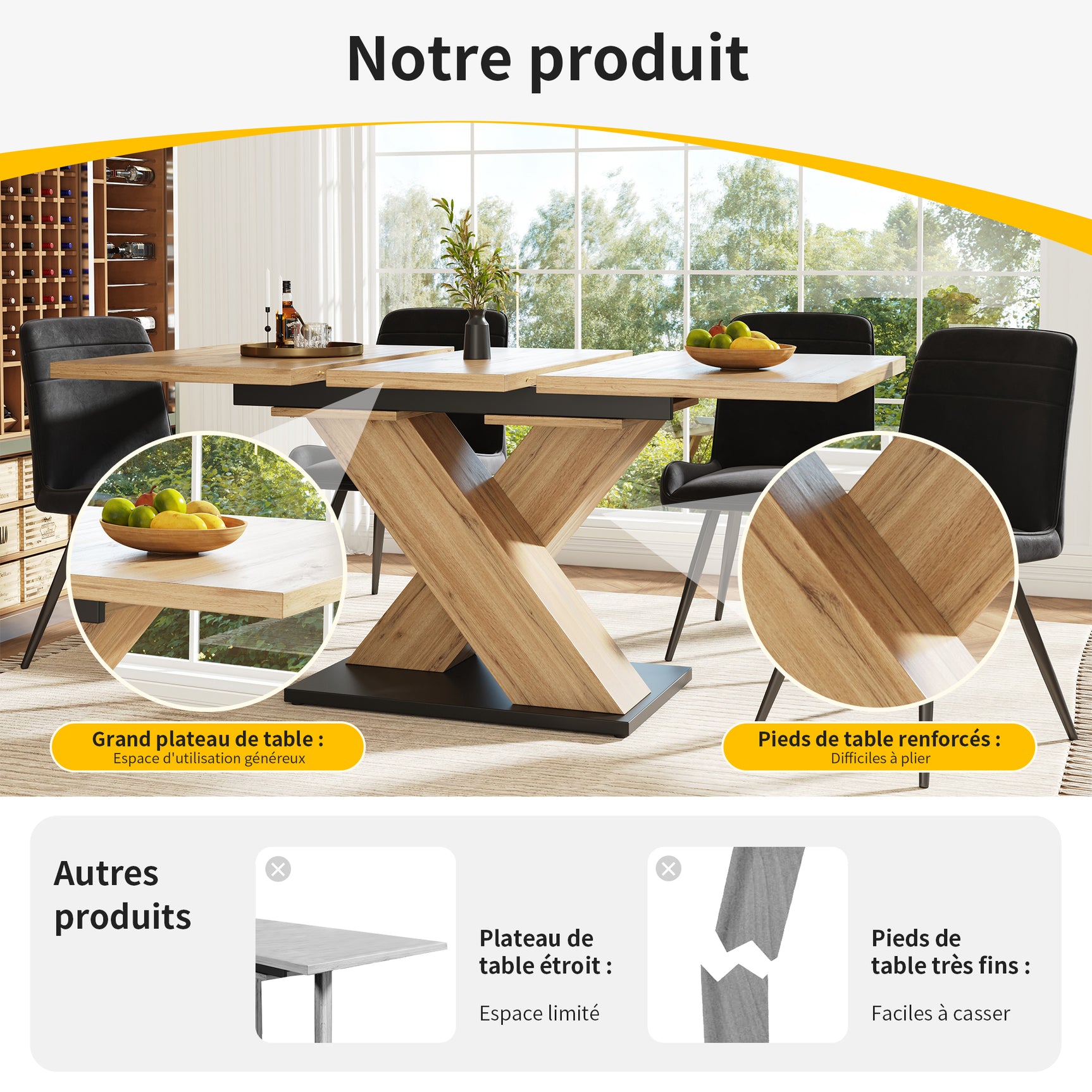 Table à manger télescopique extensible aspect bois avec pieds en croix
