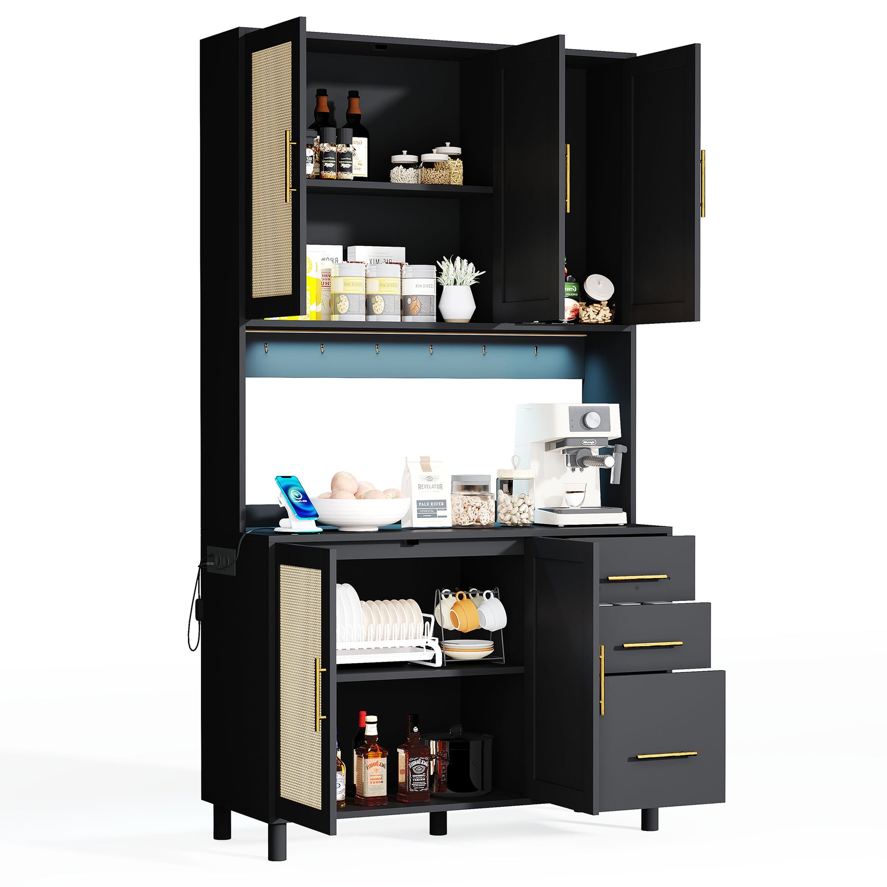 Buffet de cuisine 183 cm avec éclairage LED contrôlé par application, 2 ports USB, 2 prises, 3 tiroirs, étagères réglables et poignées dorées â€?idéal pour cuisine et salle à manger