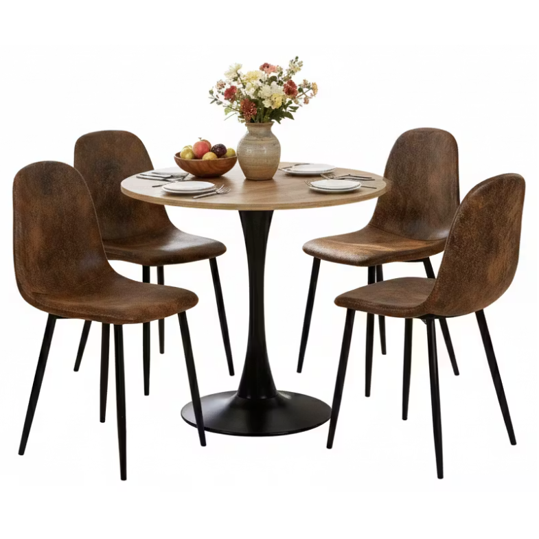 Ensemble de salle à manger de style scandinave composé d'une table ronde en chêne et de 4 chaises en suédine marron