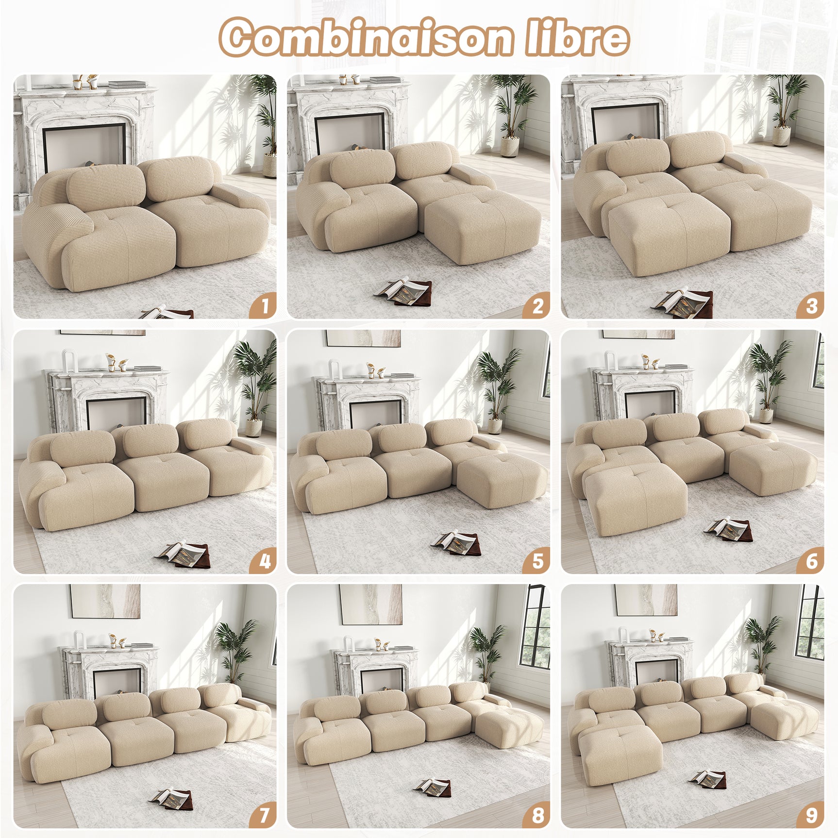 Ensemble de canapés avec accoudoirs incurvés et base antidérapante en tissu velours côtelé doux pour le salon, beige,siège 3