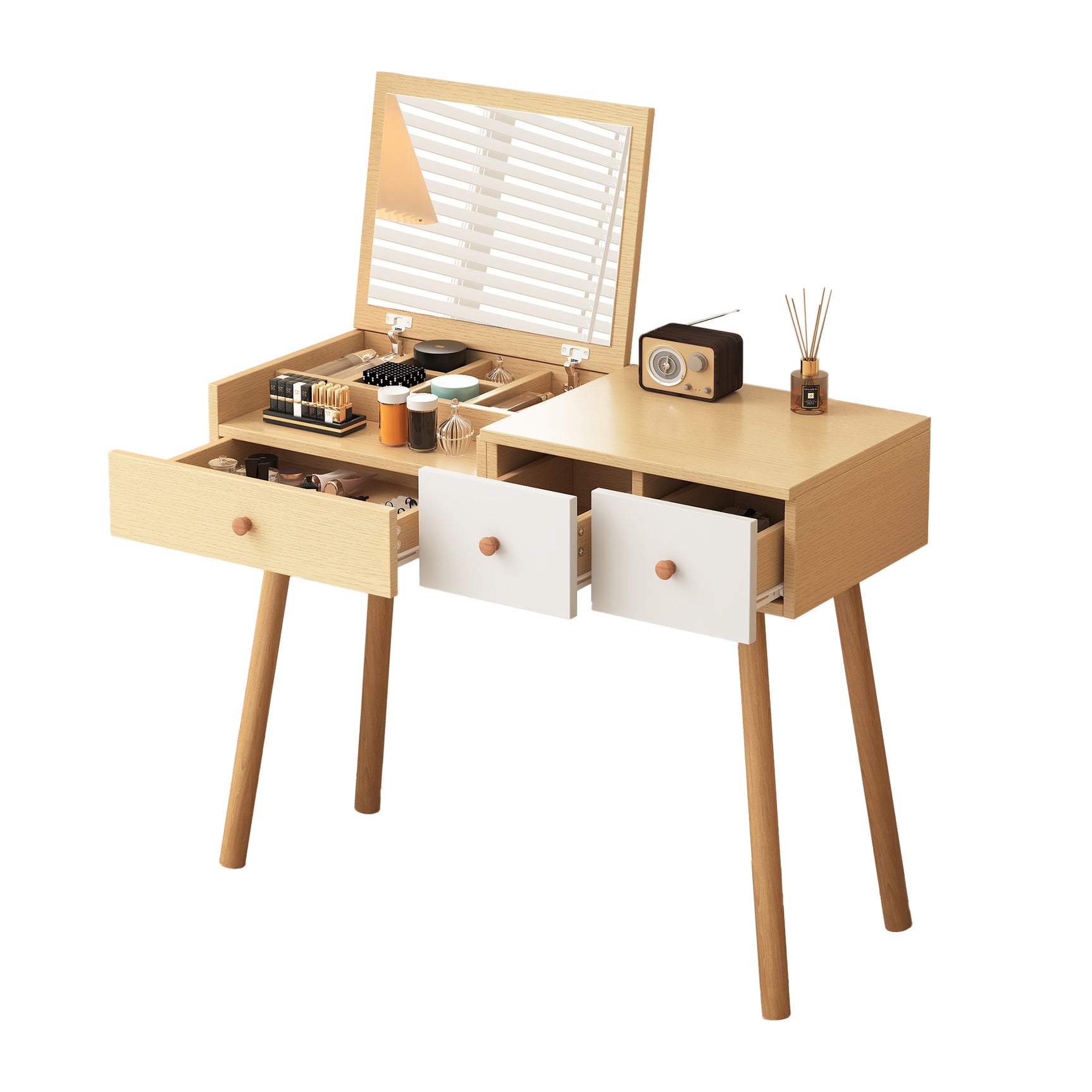 Coiffeuse en bois avec miroir rabattable, 3 tiroirs de rangement et design naturel blanc �100x40x78 cm