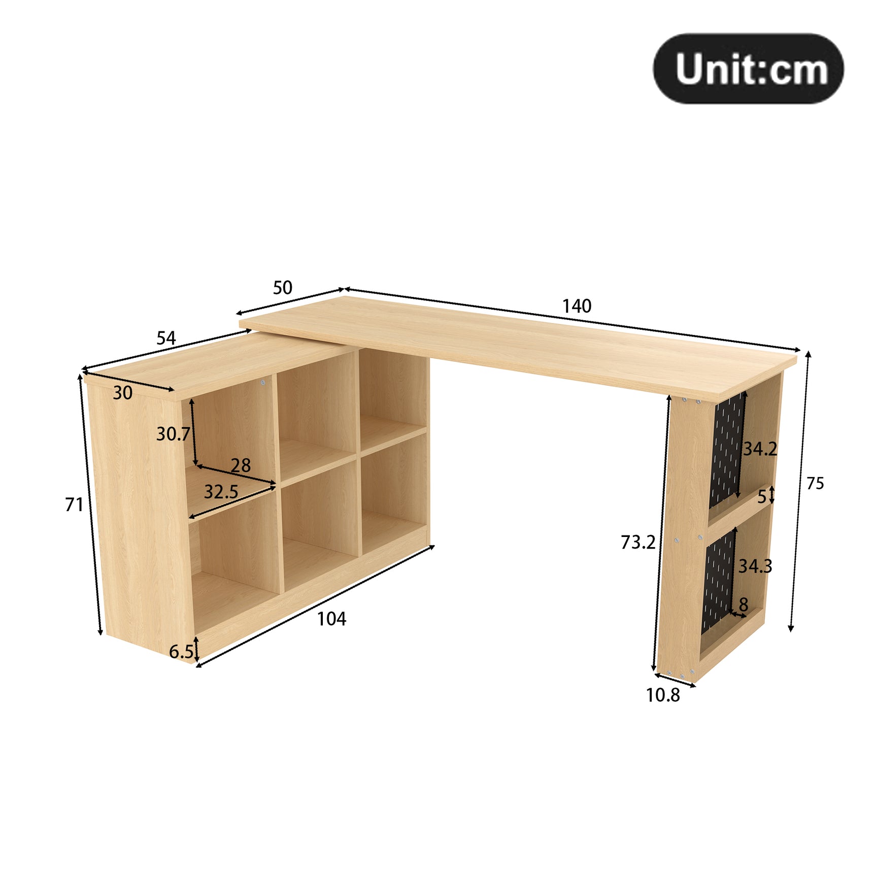 Multifunctional desk 140x104x75 cm in MDF wood with 6 storage compartments, thick tray, shelf and perforated metallic panel
