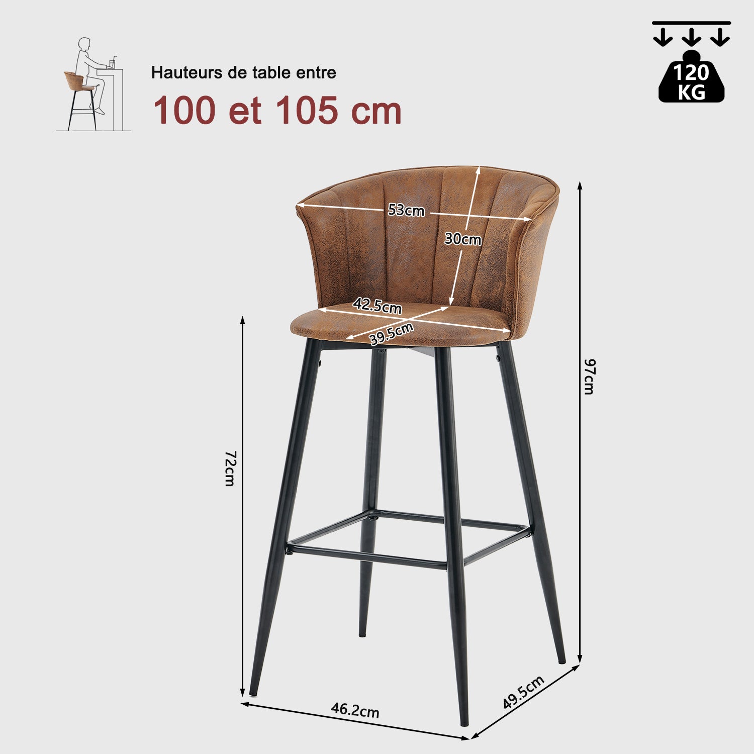 Lot de 2 tabourets de bar industriels avec accoudoirs et dossier en suédine - DONCIC BAR