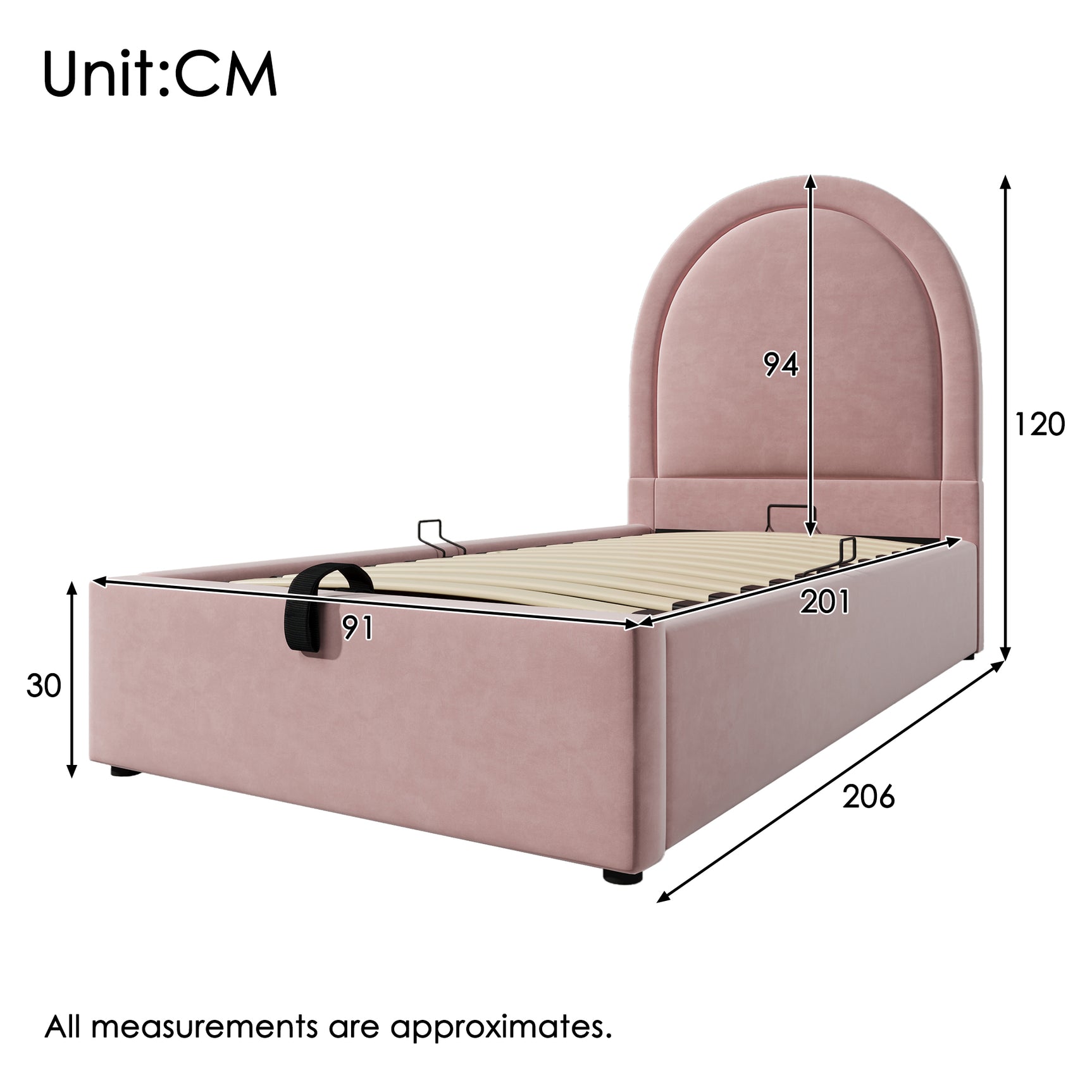 Verpacktes Kinderbett 90 × 200 cm (ohne Matratzen) in rosa Samt mit gewölktem Kopfteil