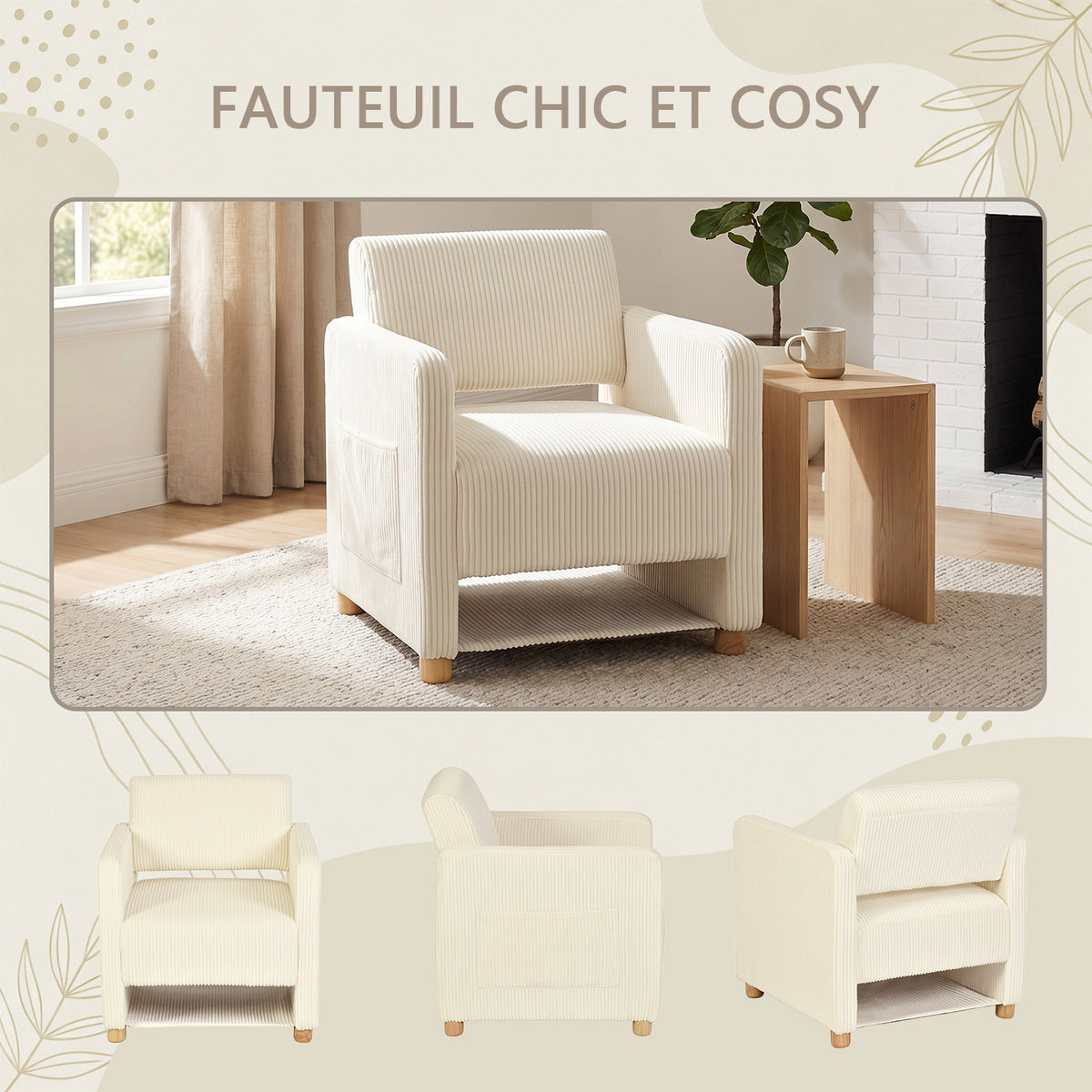 Lounge armchair with armrests in beige corduroy - DOMCO