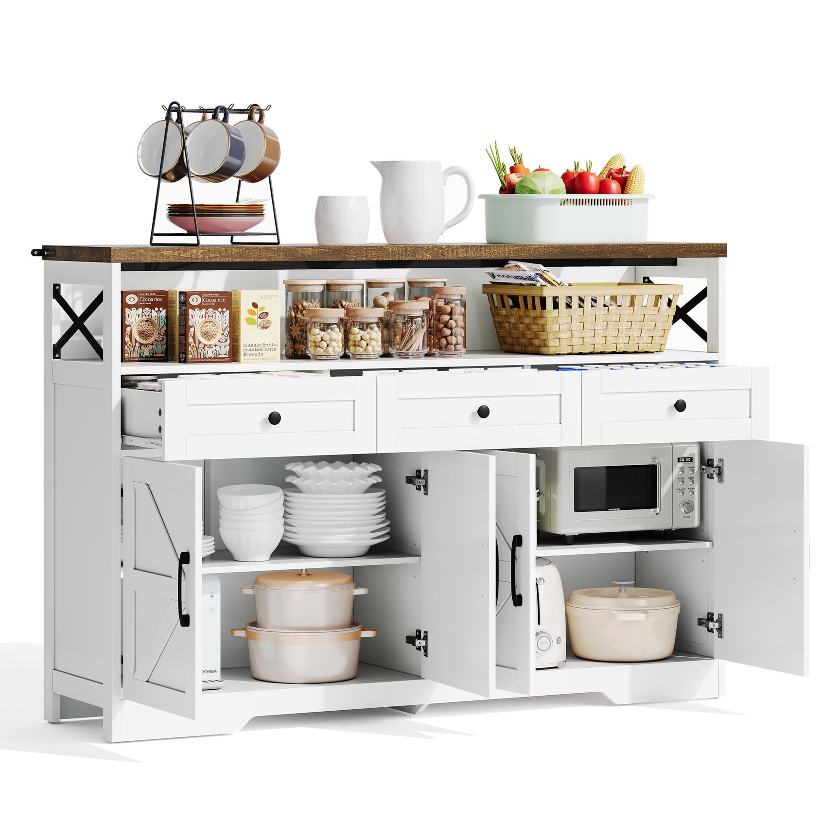 White and brown rustic buffet with 3 drawers and 2 doors