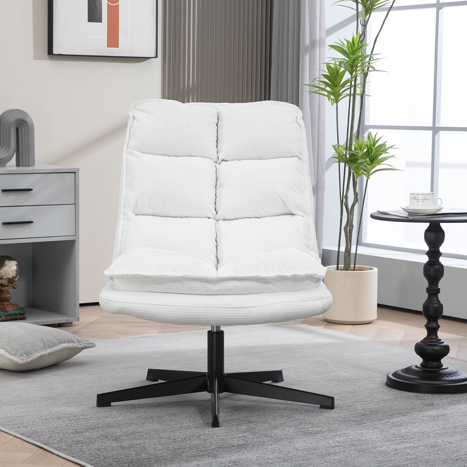 Foldable leisure armchair without armrests in white fabric, 360° swivel - AESTON
