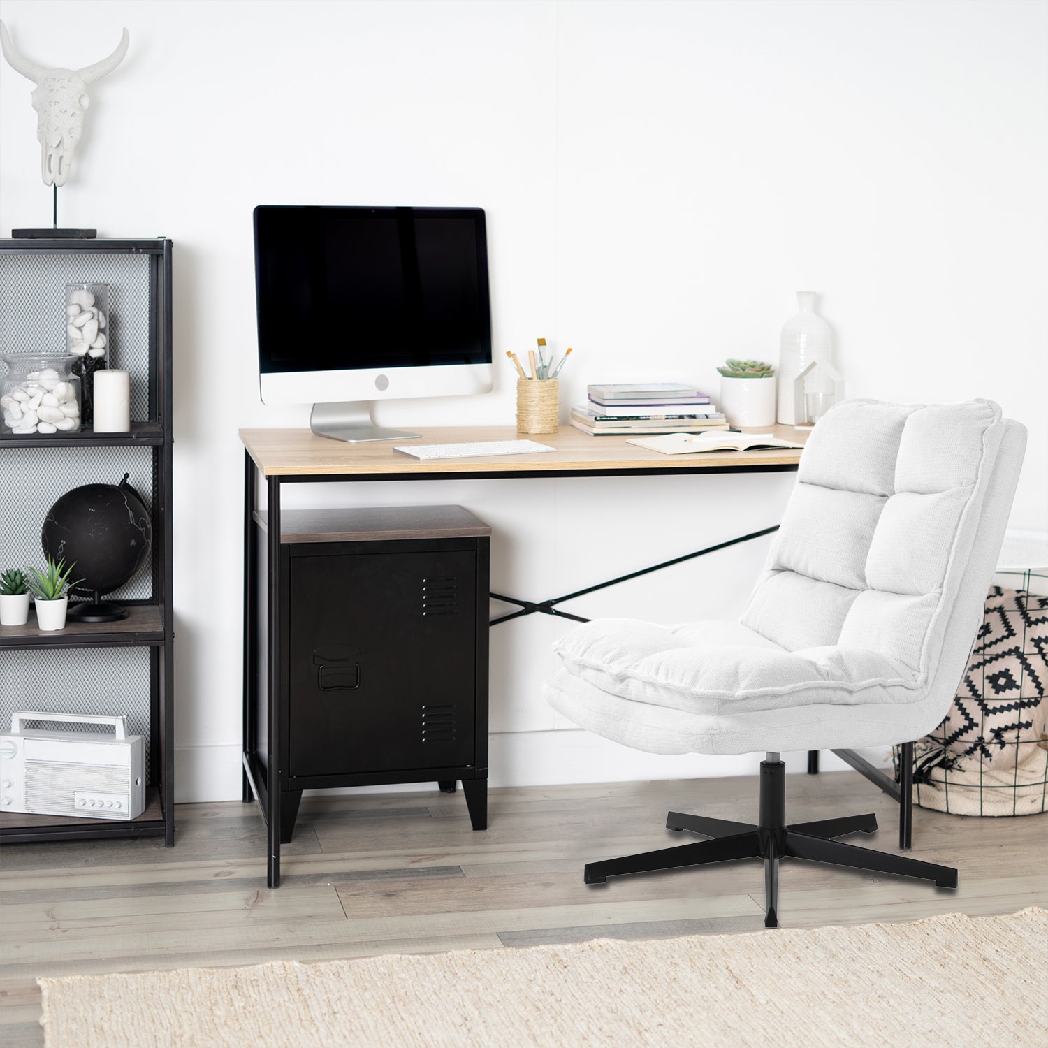Foldable leisure armchair without armrests in white fabric, 360° swivel - AESTON
