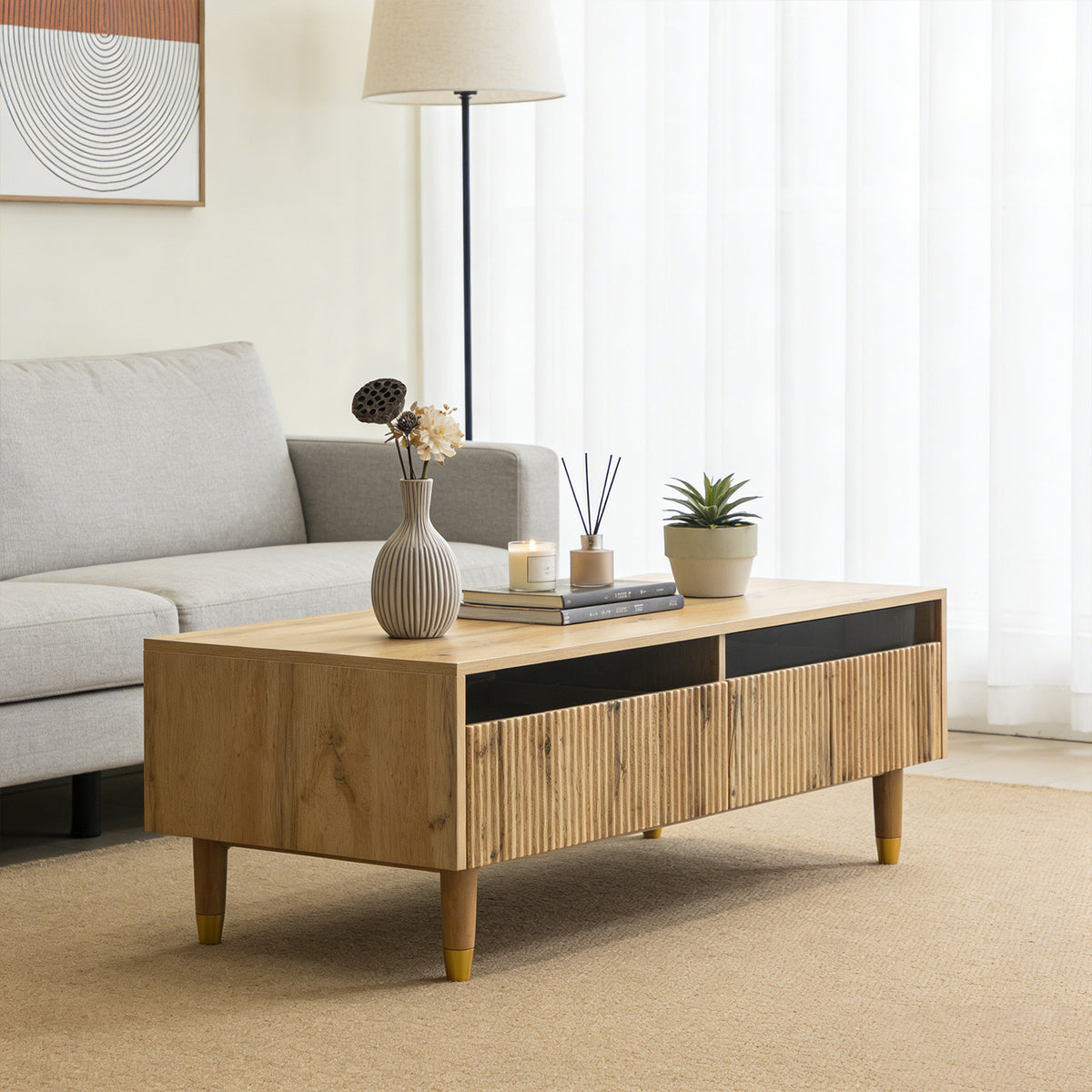 Table basse en MDF couleur chêne clair avec éclairage LED