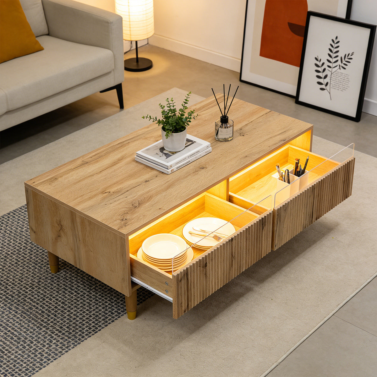 Table basse en MDF couleur chêne clair avec éclairage LED