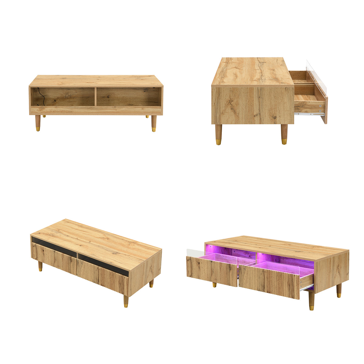 Table basse en MDF couleur chêne clair avec éclairage LED