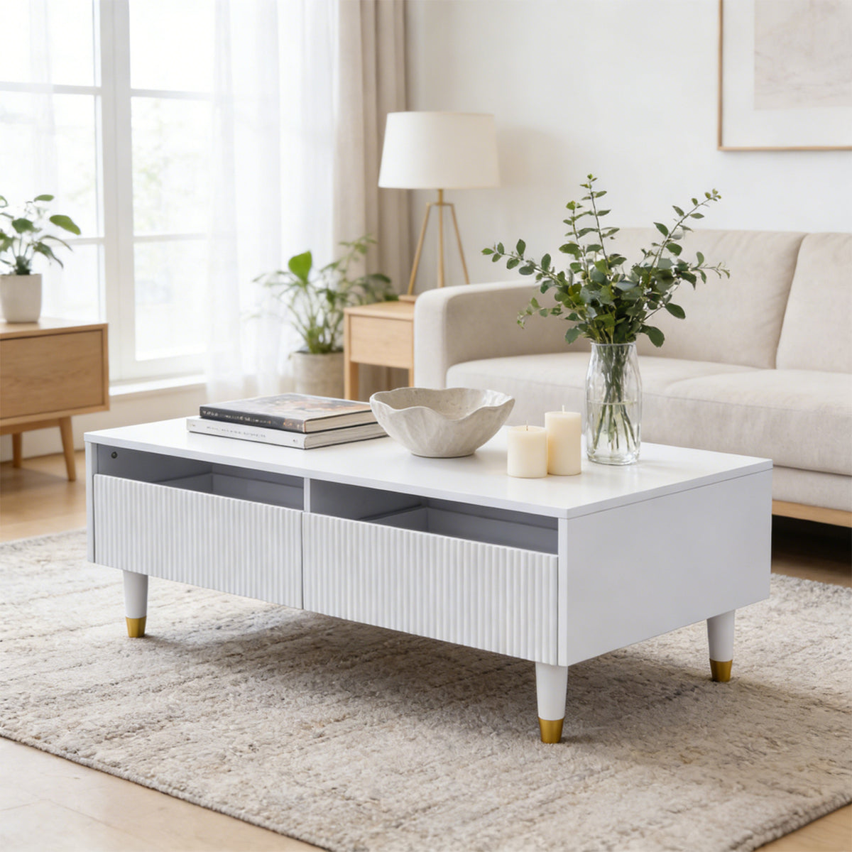 Table basse en MDF blanc avec éclairage LED