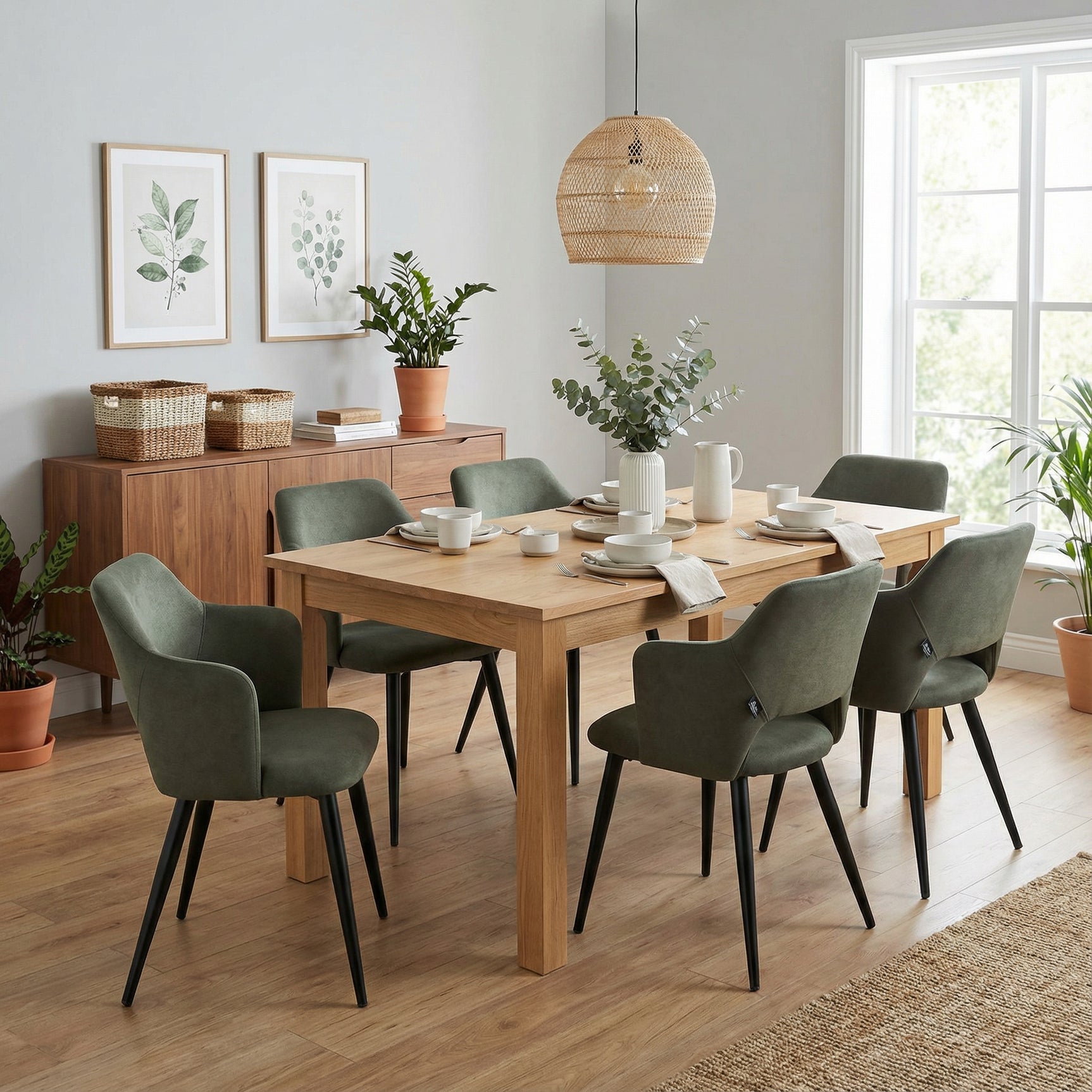 Lot de 6 chaises de salle à manger scandinaves avec accoudoirs en tissu résistant aux animaux et assise rembourrée, vert - AKANJI CC