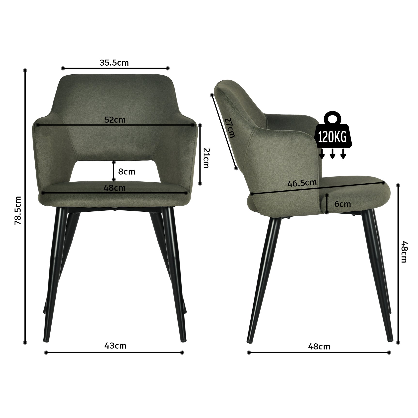 Lot de 4 chaises de salle à manger scandinaves avec accoudoirs en tissu résistant aux animaux et assise rembourré, vert - AKANJI CC