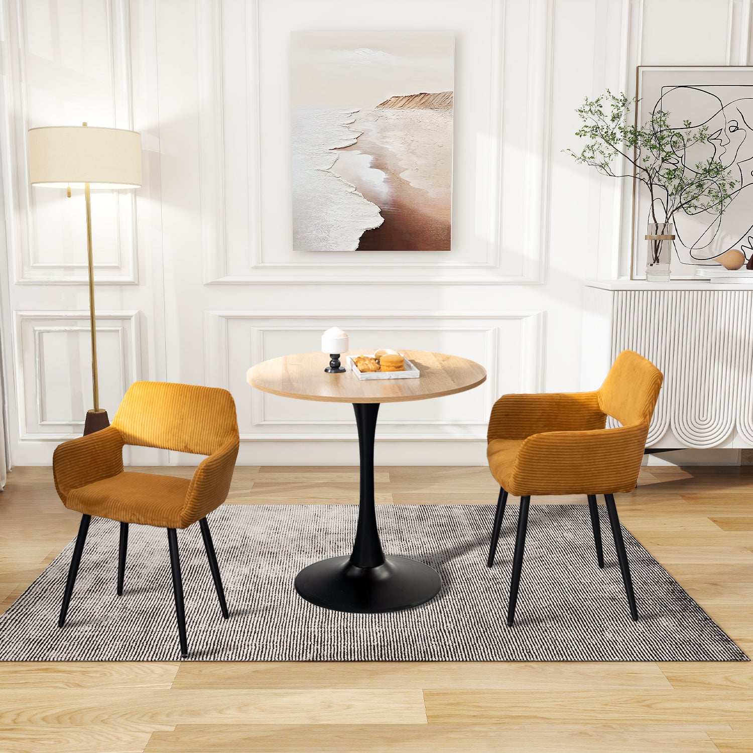 Round Table Table Table Table Timber Ø80 cm with 4 black velvet chairs, modern and comfortable style