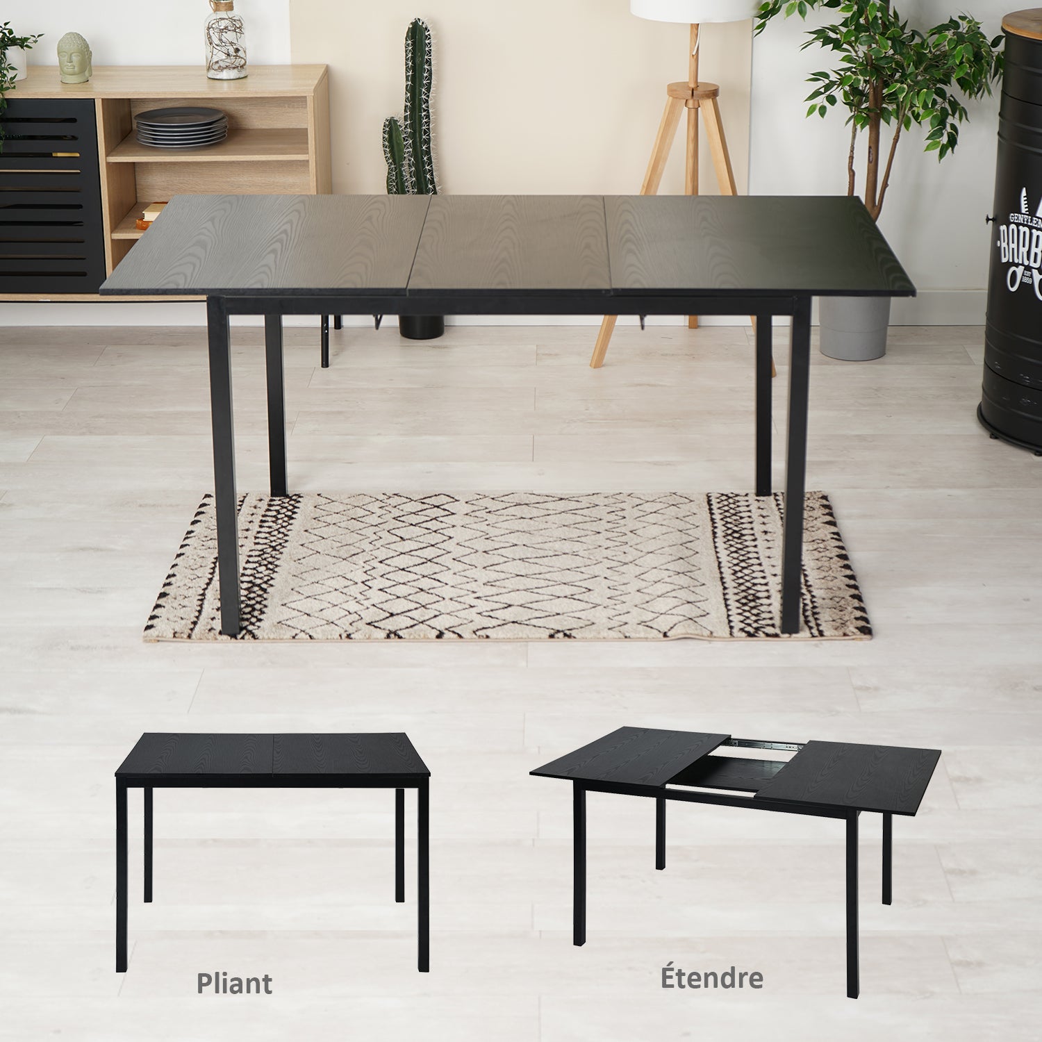 Ensemble table à manger extensible noire avec 4 chaises de salle à manger en PU, style scandinave