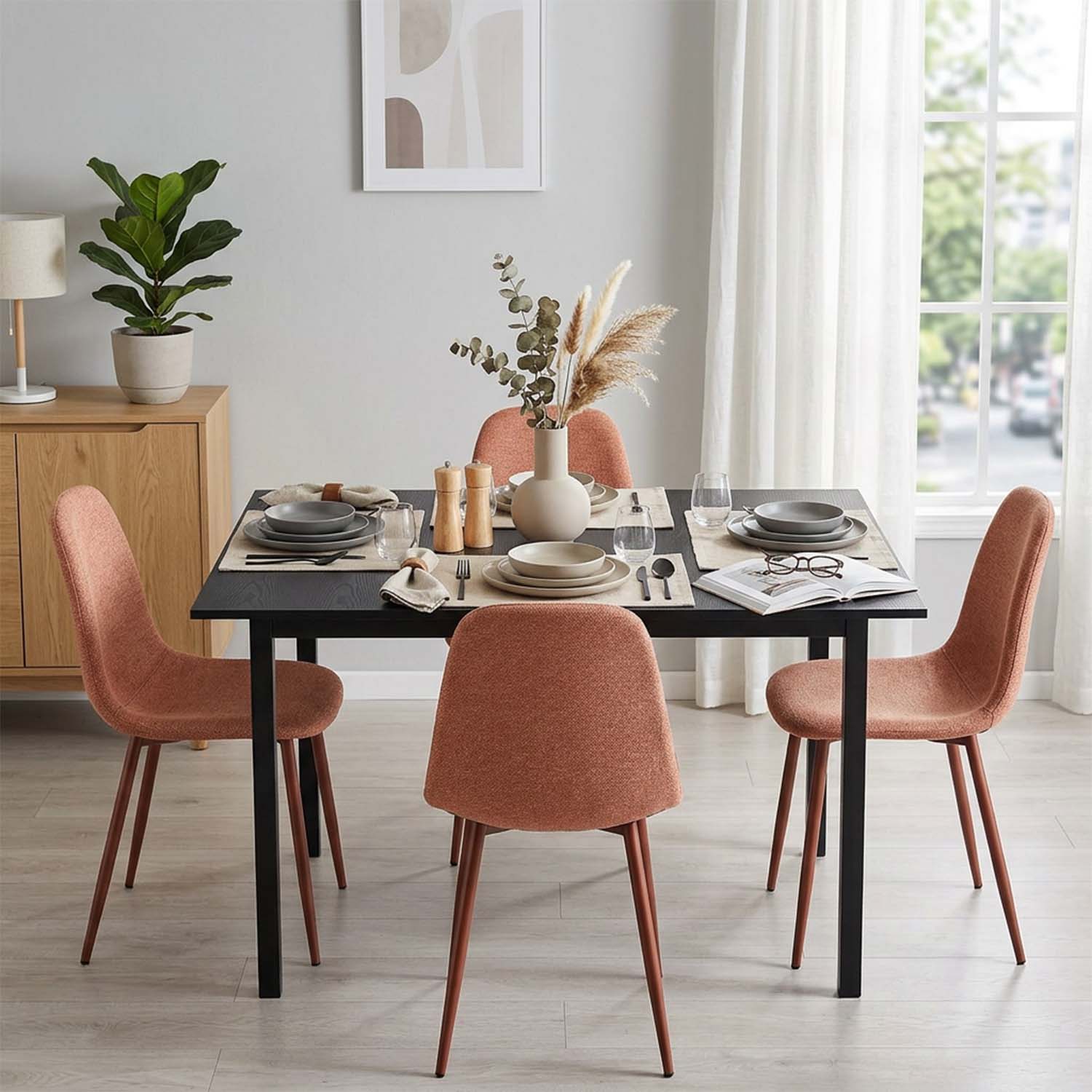 Ensemble table à manger extensible noire et 4 chaises en tissu rouge doux, style scandinave