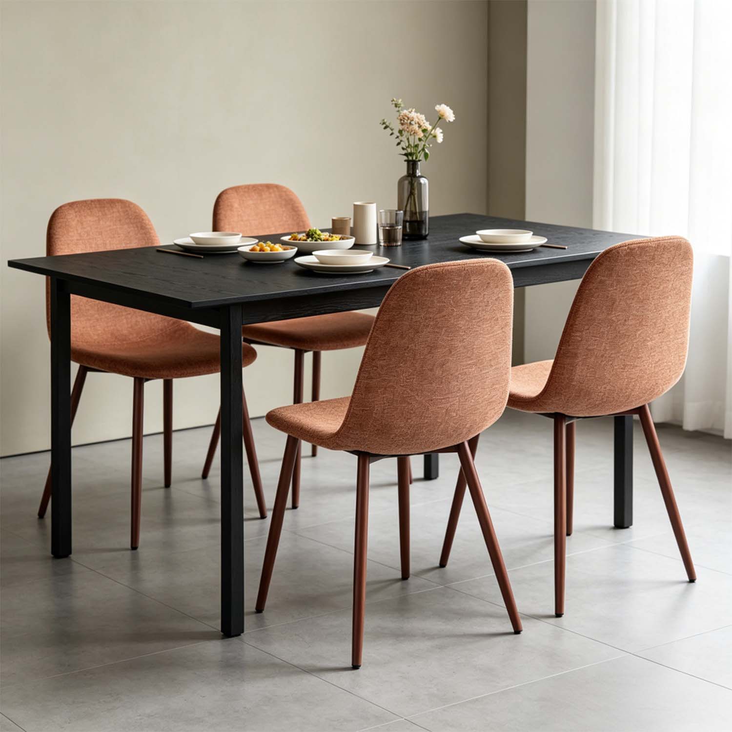Ensemble table à manger extensible noire et 4 chaises en tissu rouge doux, style scandinave