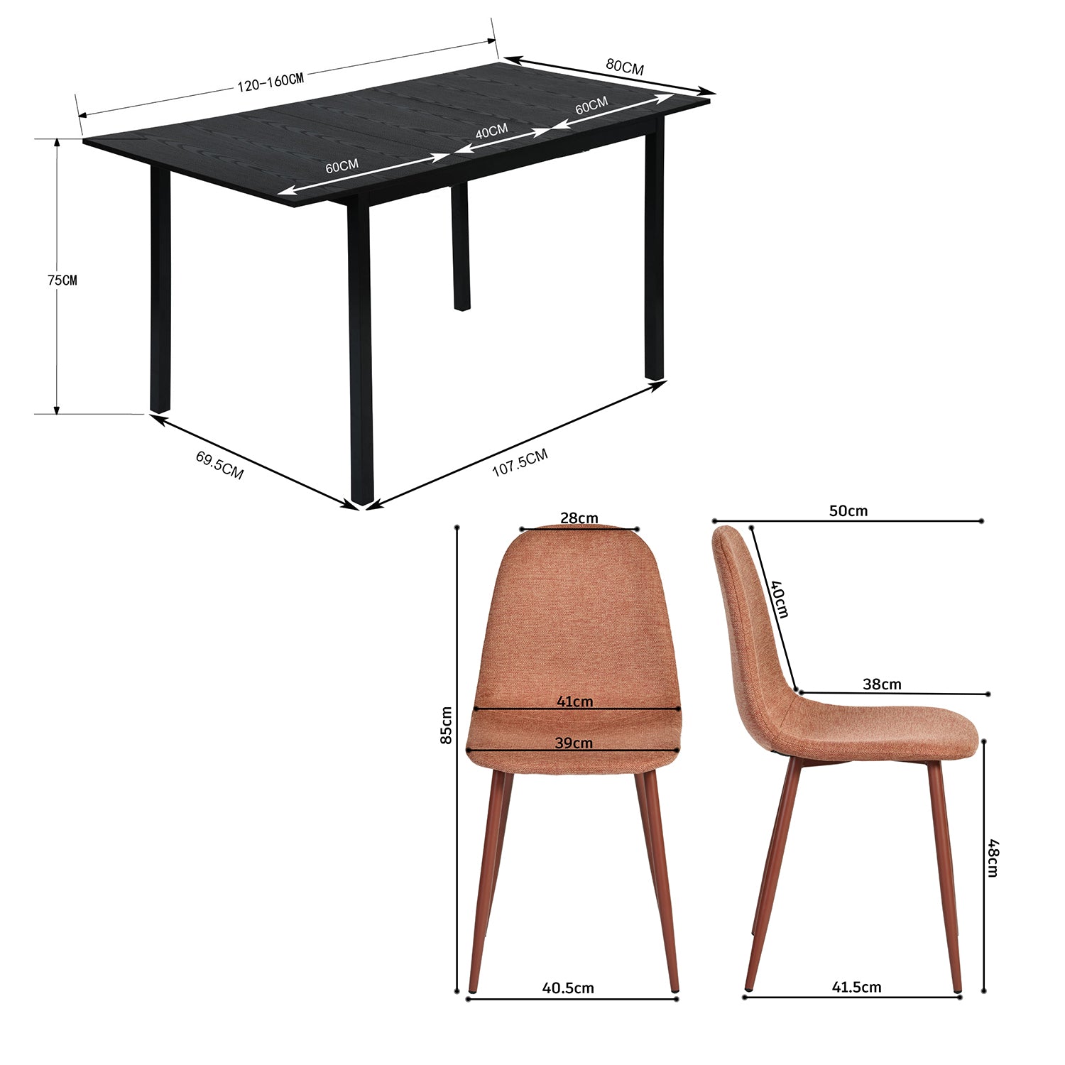 Ensemble table à manger extensible noire et 4 chaises en tissu rouge doux, style scandinave