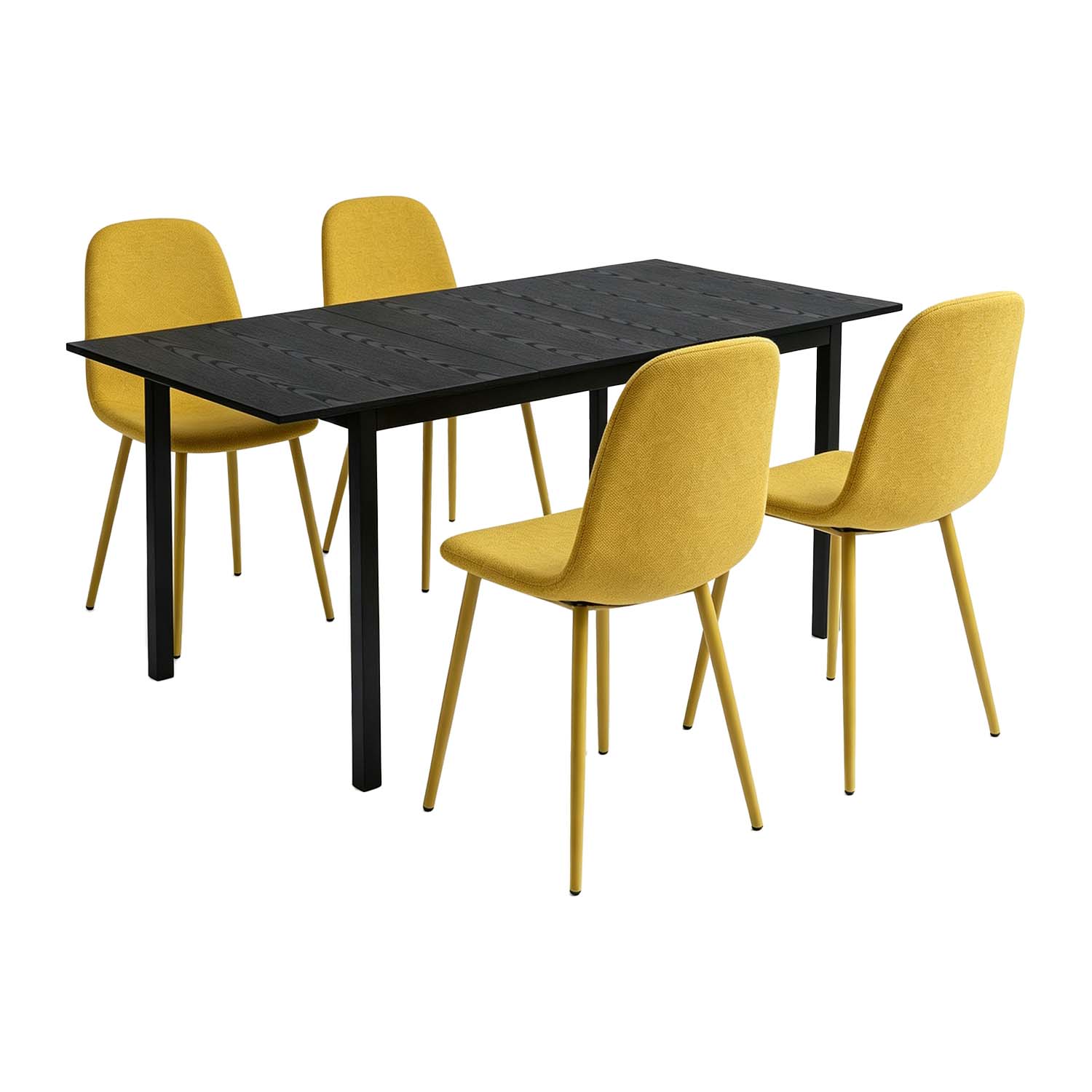 Ensemble table à manger extensible noire et 4 chaises en tissu jaune doux, style scandinave