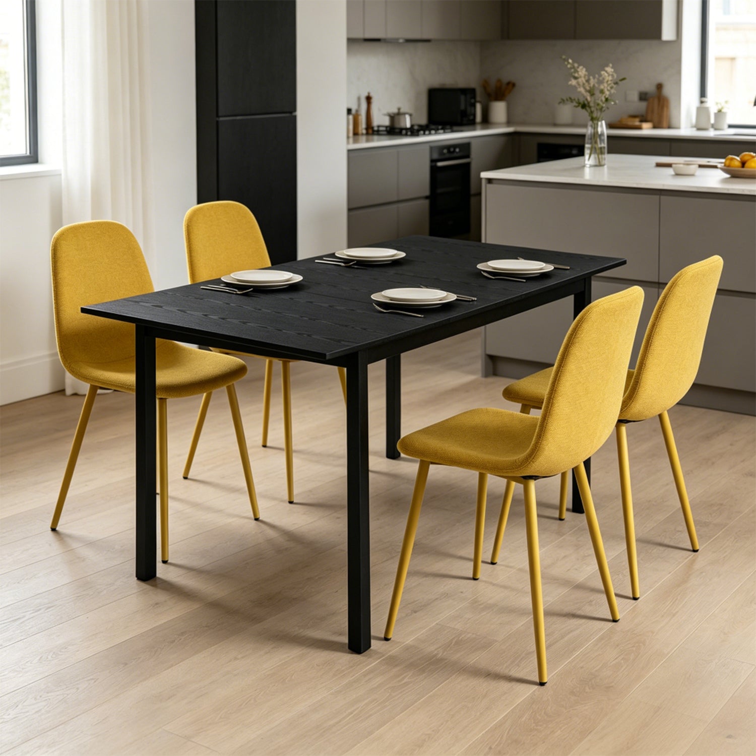 Ensemble table à manger extensible noire et 4 chaises en tissu jaune doux, style scandinave