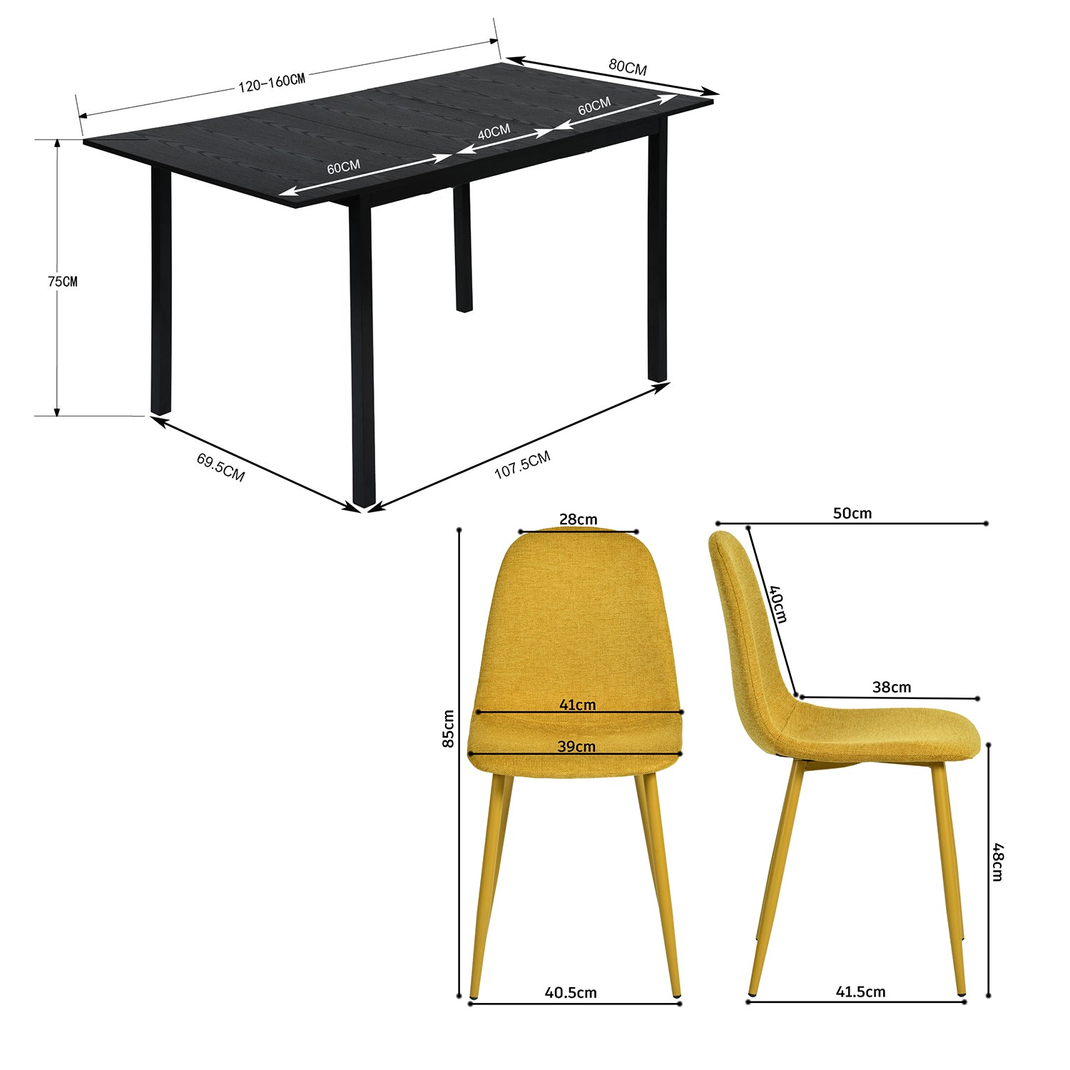 Ensemble table à manger extensible noire et 4 chaises en tissu jaune doux, style scandinave