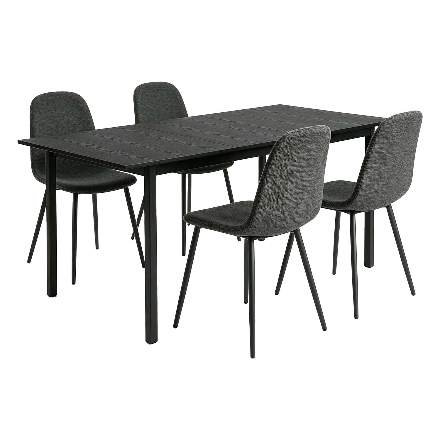 Ensemble table à manger extensible noire et 4 chaises en tissu gris doux, style scandinave