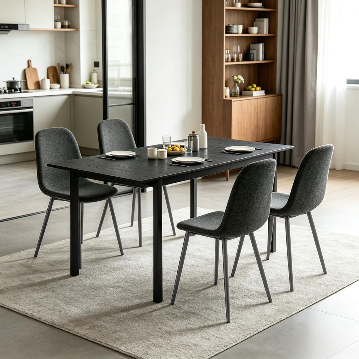 Ensemble table à manger extensible noire et 4 chaises en tissu gris doux, style scandinave