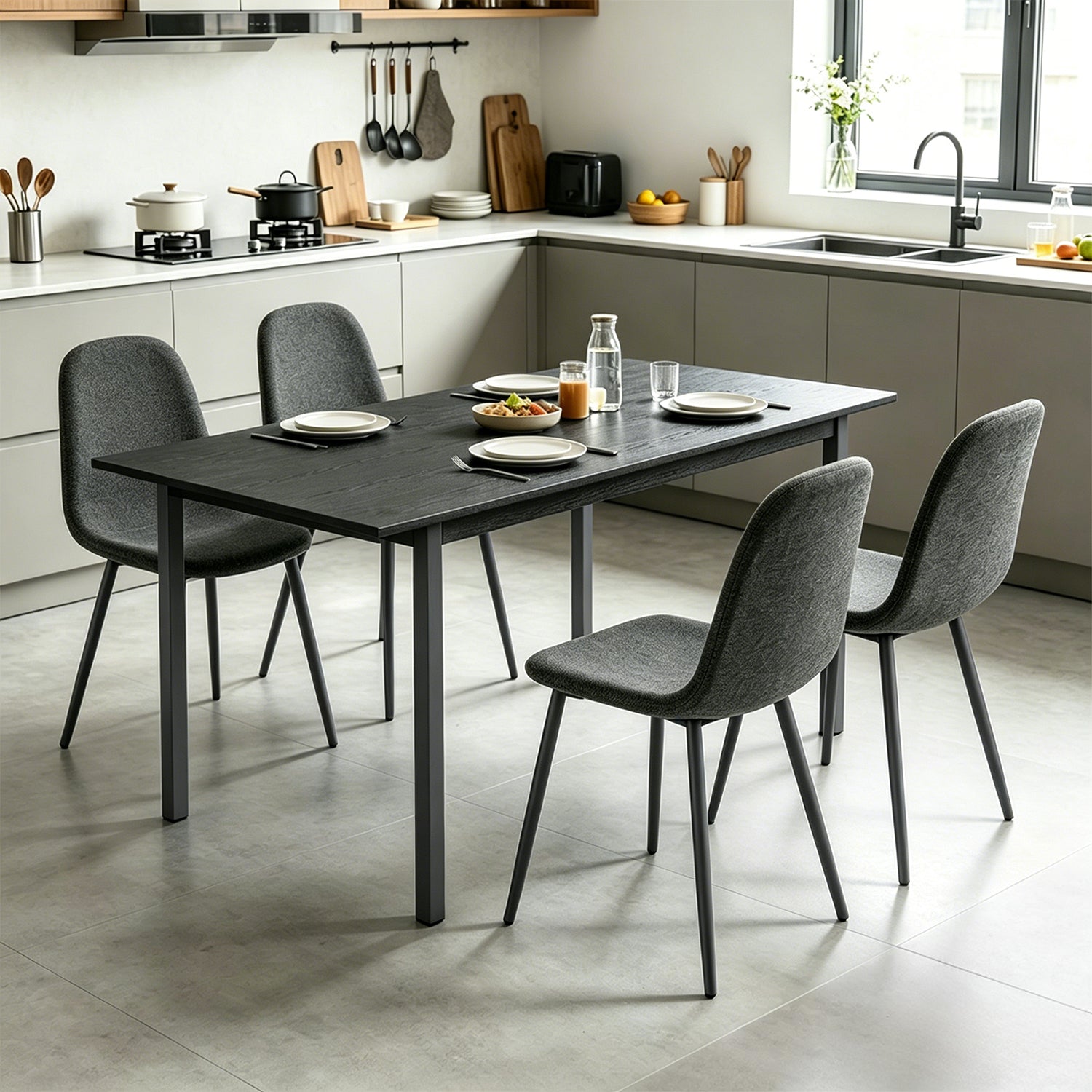 Ensemble table à manger extensible noire et 4 chaises en tissu gris doux, style scandinave