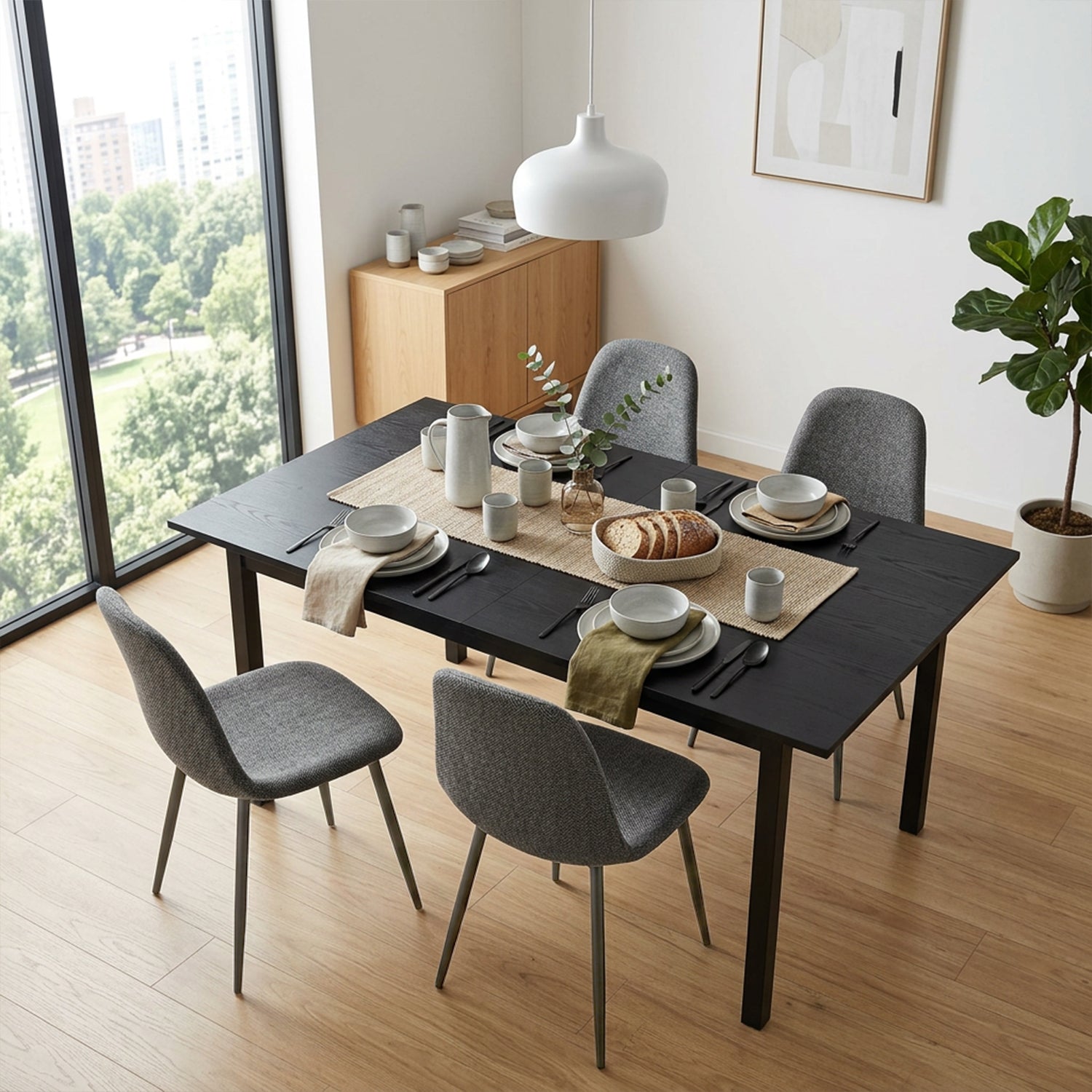 Ensemble table à manger extensible noire et 4 chaises en tissu gris doux, style scandinave
