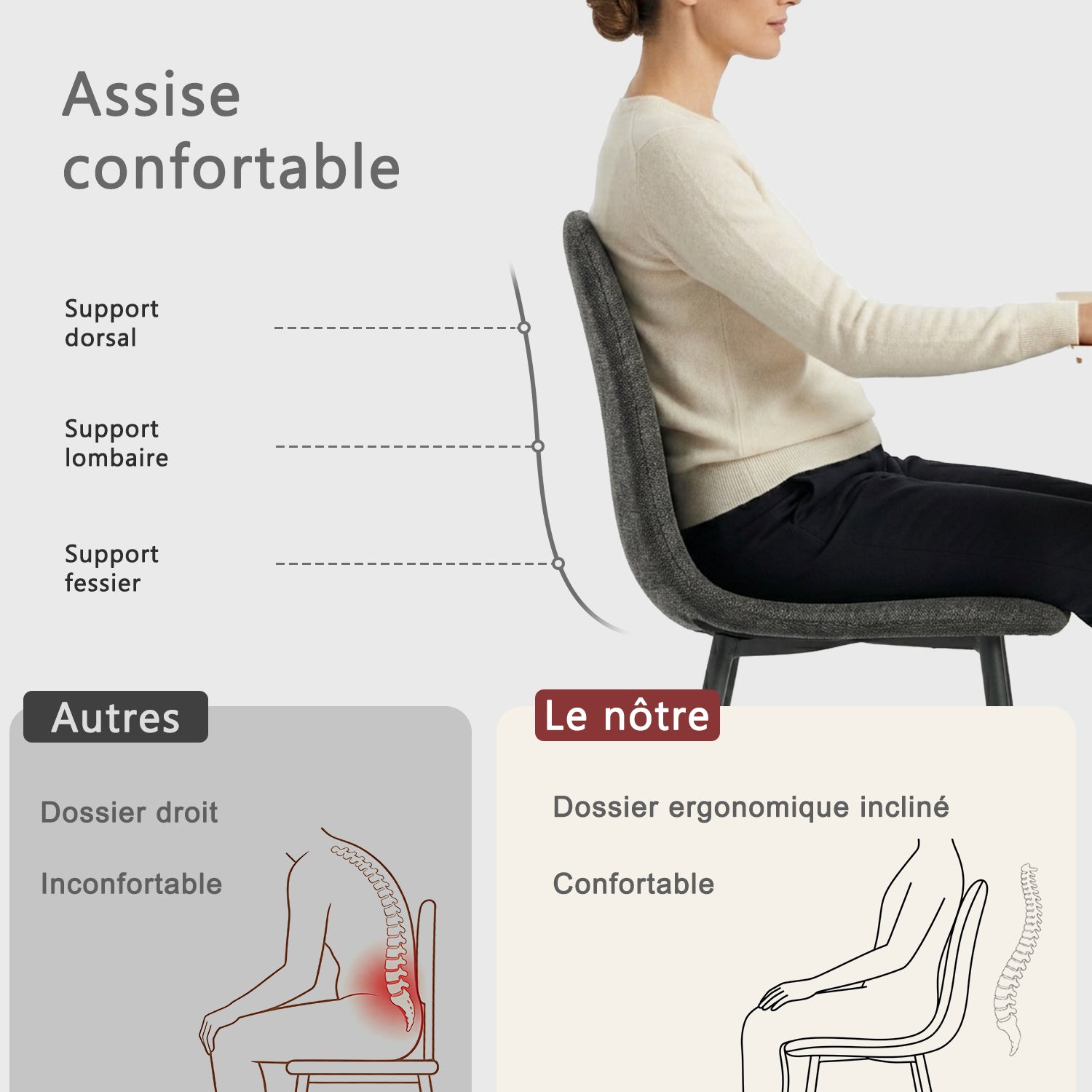 Ensemble table à manger extensible noire et 4 chaises en tissu gris doux, style scandinave