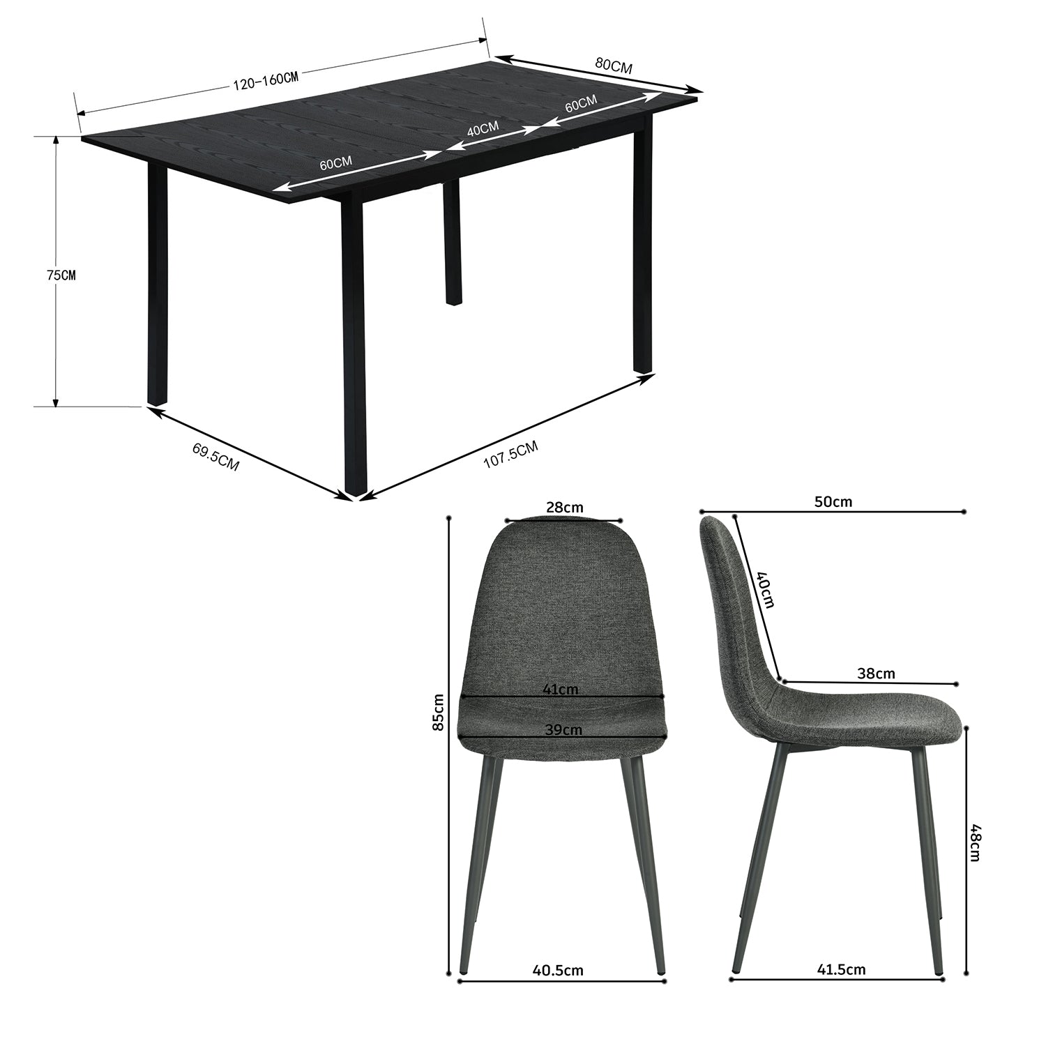 Ensemble table à manger extensible noire et 4 chaises en tissu gris doux, style scandinave