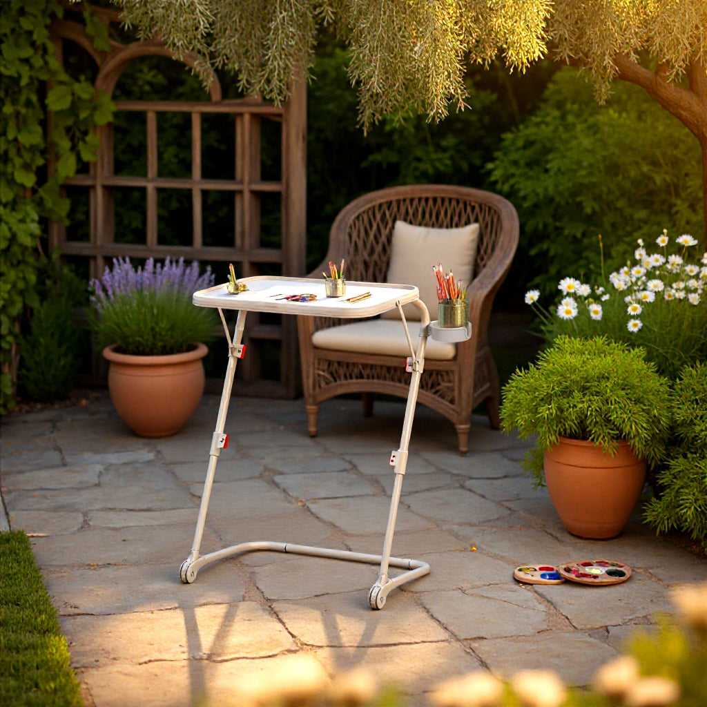 Table d’appoint pliable pour ordinateur portable, bout de canapé réglable en hauteur avec plateau inclinable et porte-gobelet beige- BASELINE