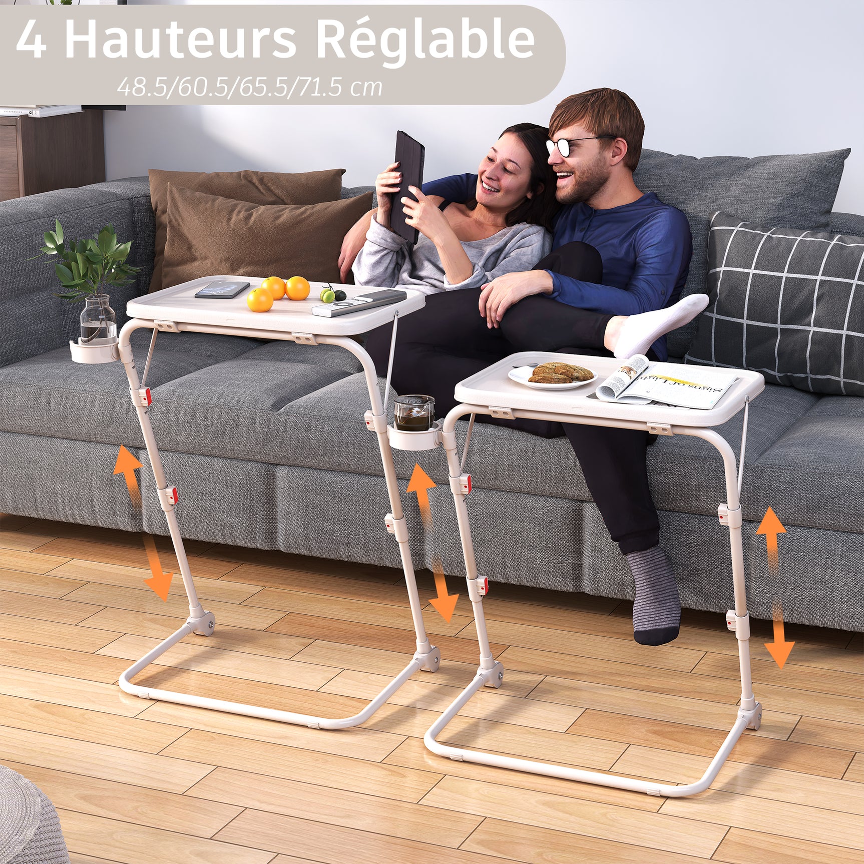 Table d’appoint pliable pour ordinateur portable, bout de canapé réglable en hauteur avec plateau inclinable et porte-gobelet beige- BASELINE