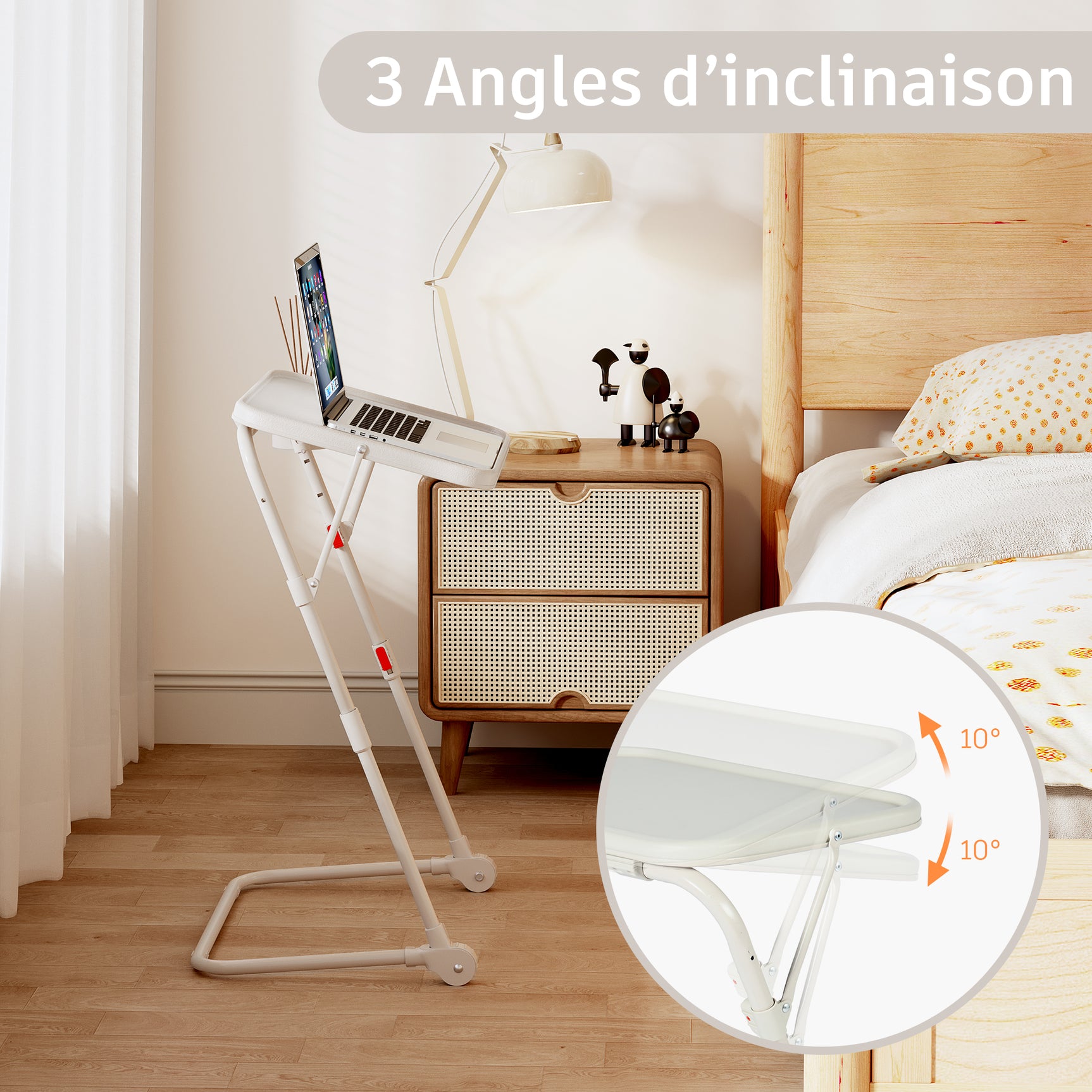 Table d’appoint pliable pour ordinateur portable, bout de canapé réglable en hauteur avec plateau inclinable et porte-gobelet beige- BASELINE