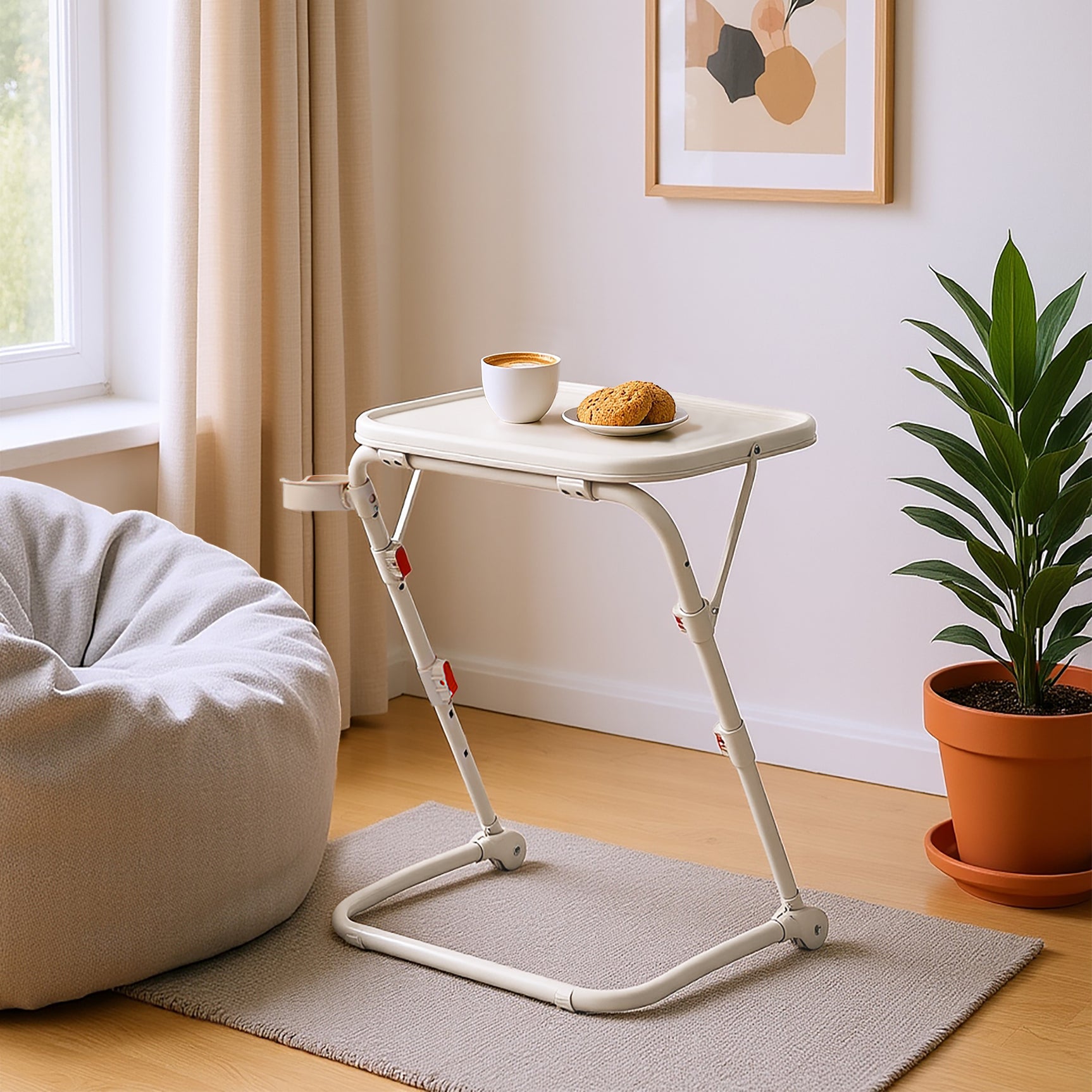 Table d’appoint pliable pour ordinateur portable, bout de canapé réglable en hauteur avec plateau inclinable et porte-gobelet beige- BASELINE