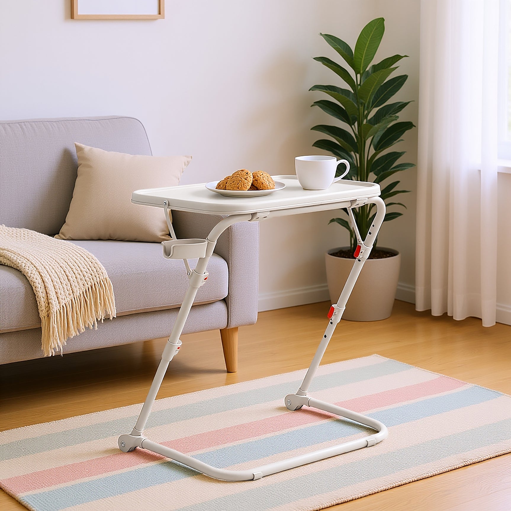 Table d’appoint pliable pour ordinateur portable, bout de canapé réglable en hauteur avec plateau inclinable et porte-gobelet beige- BASELINE