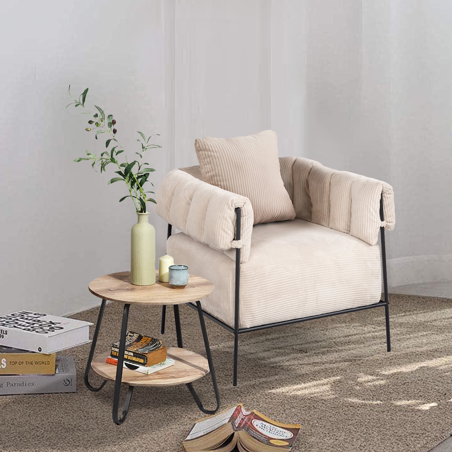 Lounge armchair with armrests in beige corduroy - DOMCO