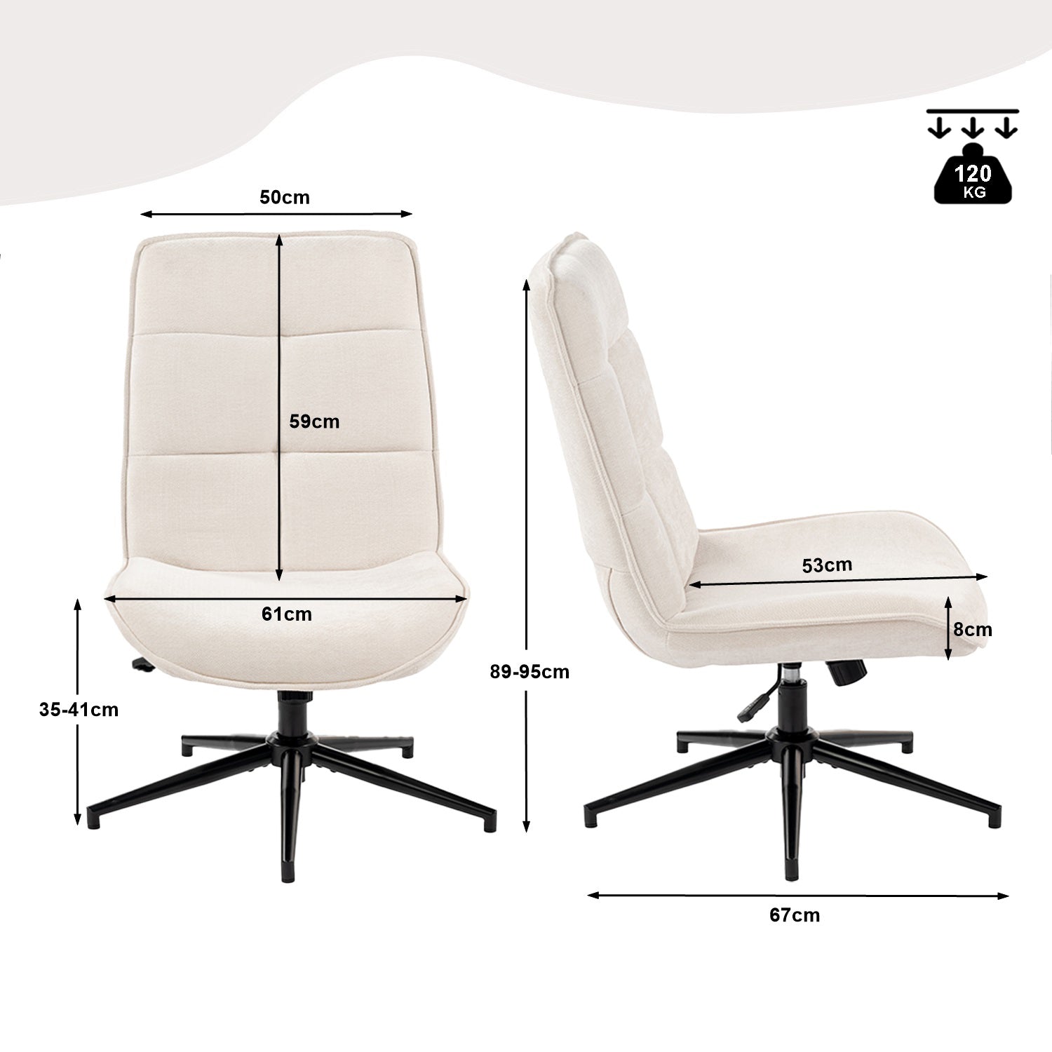 Adjustable leisure armchair in beige chenille fabric, 360° swivel - CHARLOTTE