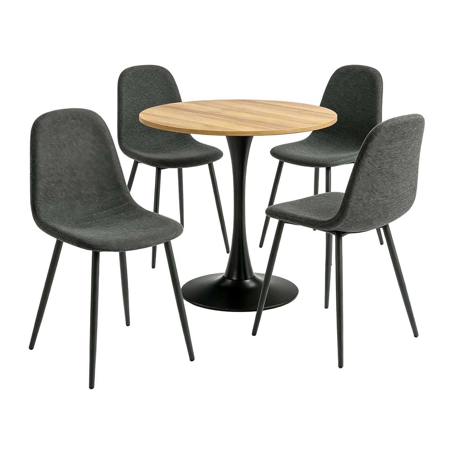 Runder Tisch in Walnussoptik Ø80 cm mit 4 schwarzen Samtstühlen, moderner und komfortabler Stil