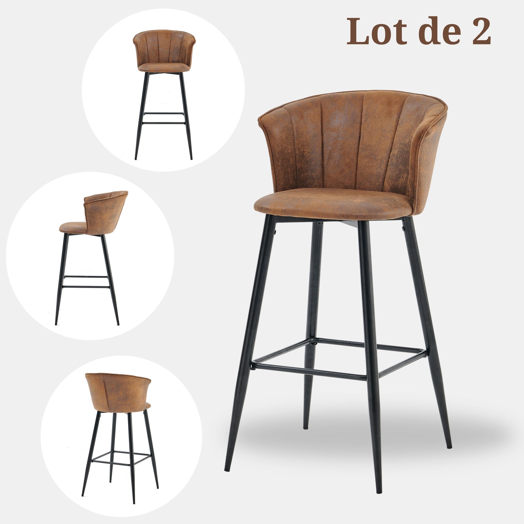 Lot de 2 tabourets de bar industriels avec accoudoirs et dossier en suédine - DONCIC BAR