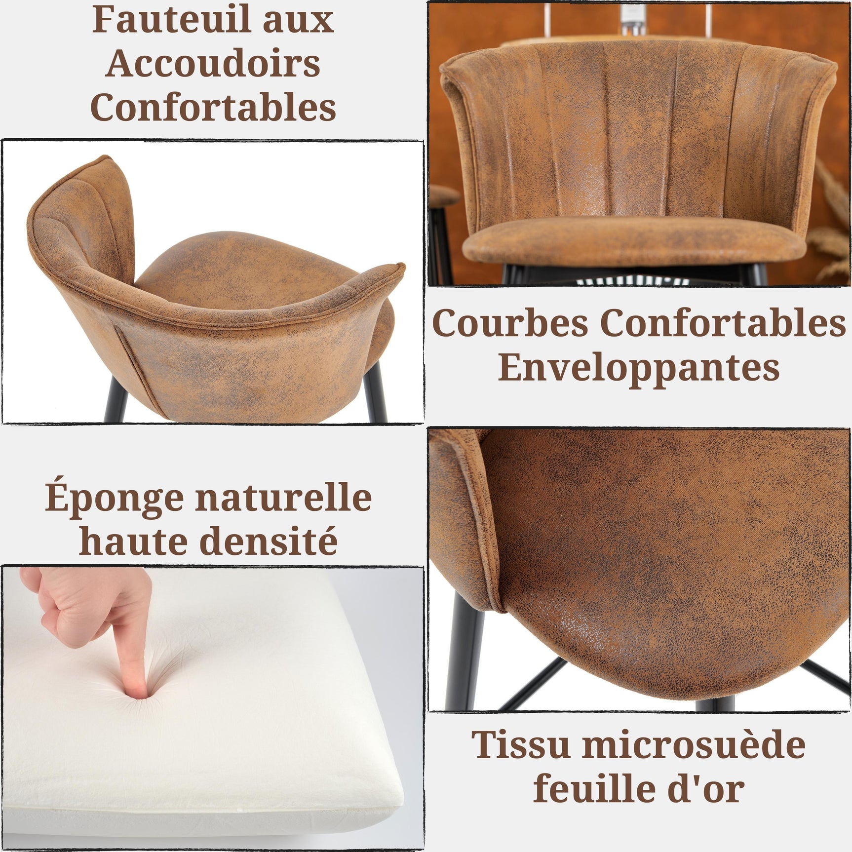 Lot de 2 tabourets de bar industriels avec accoudoirs et dossier en suédine - DONCIC BAR