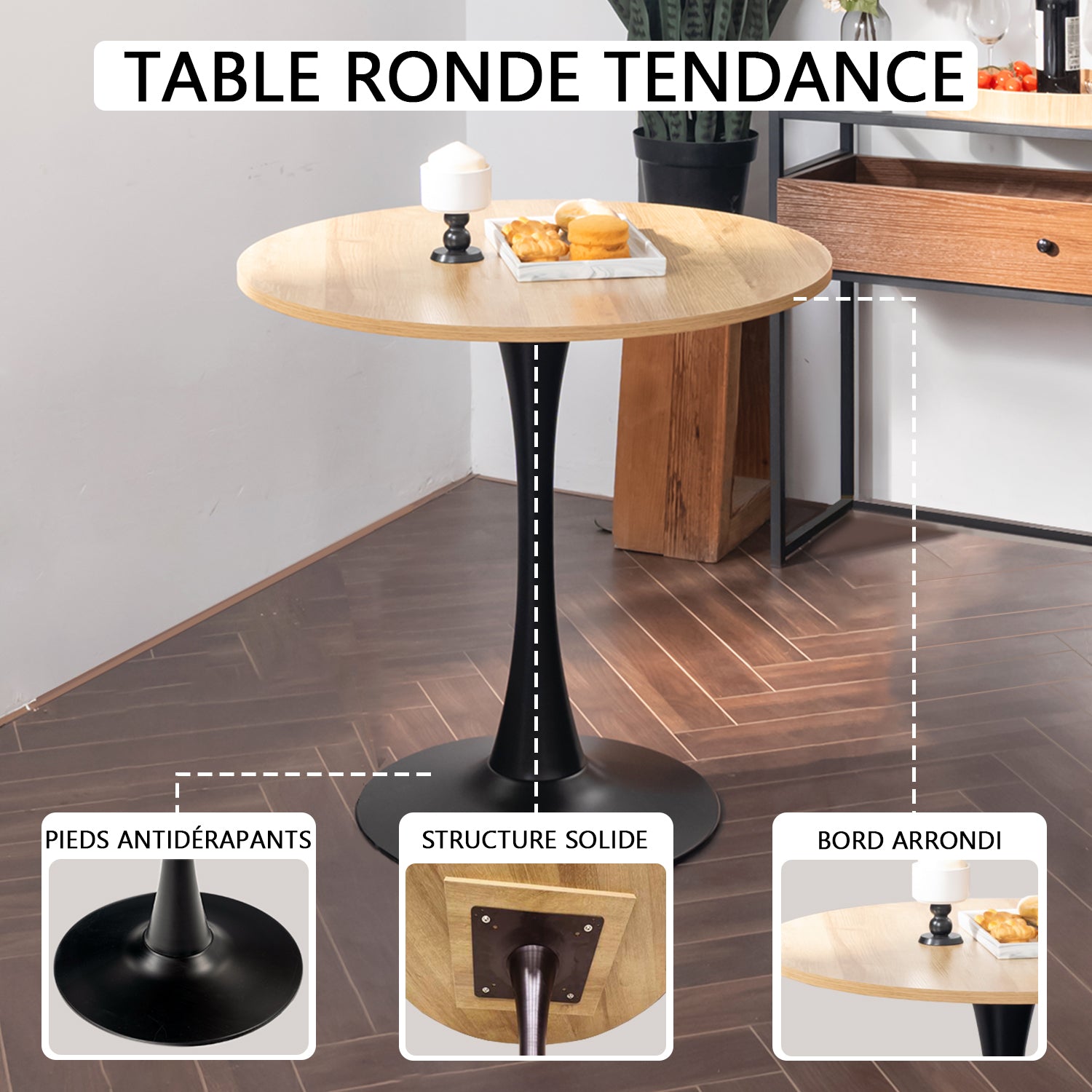 Ensemble de salle à manger de style scandinave composé d'une table ronde en chêne et de 2 fauteuils en tissu gris