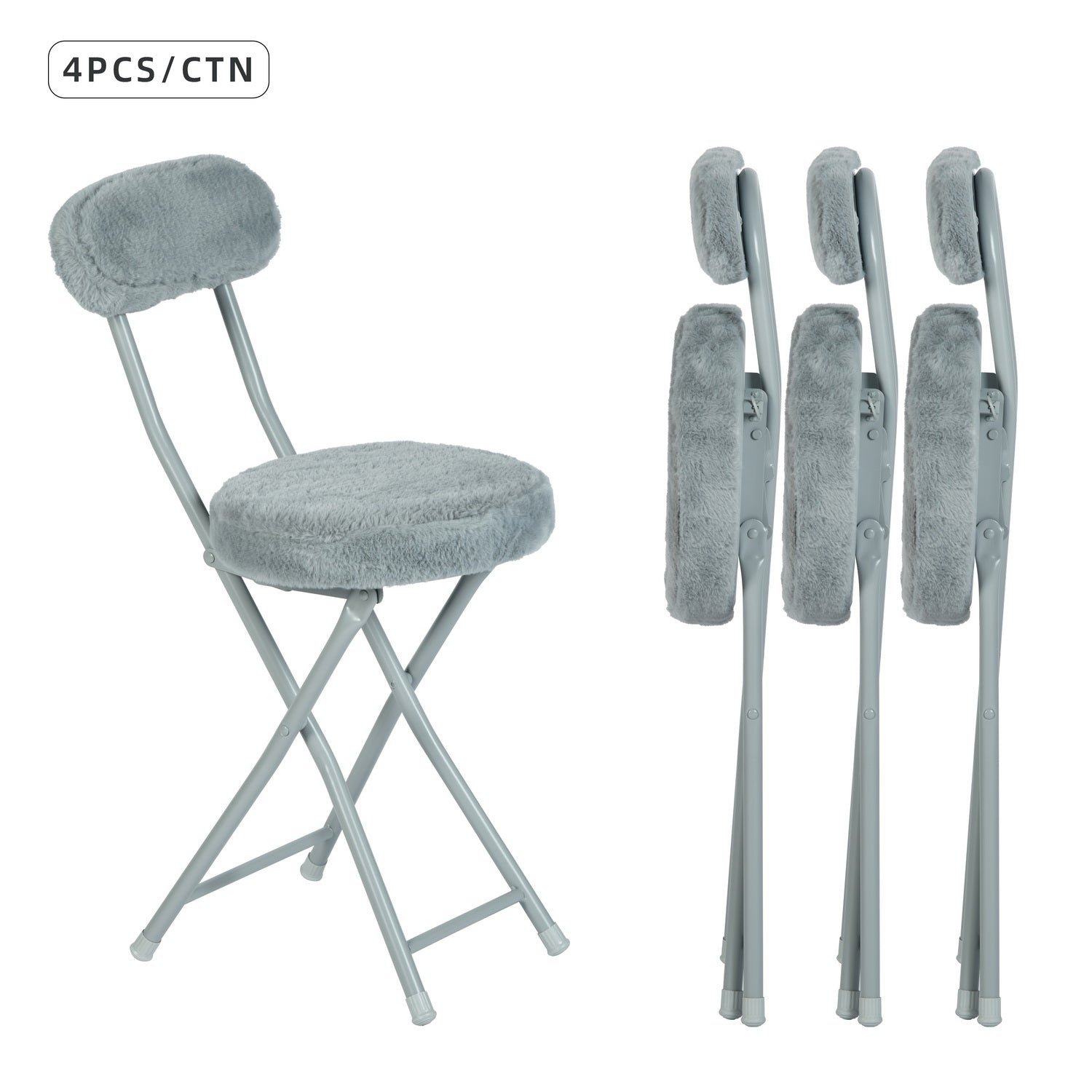 Lot de 4 chaises/tabourets pliantes, assise ronde en tissu effet fausse fourrure grise - ERNST