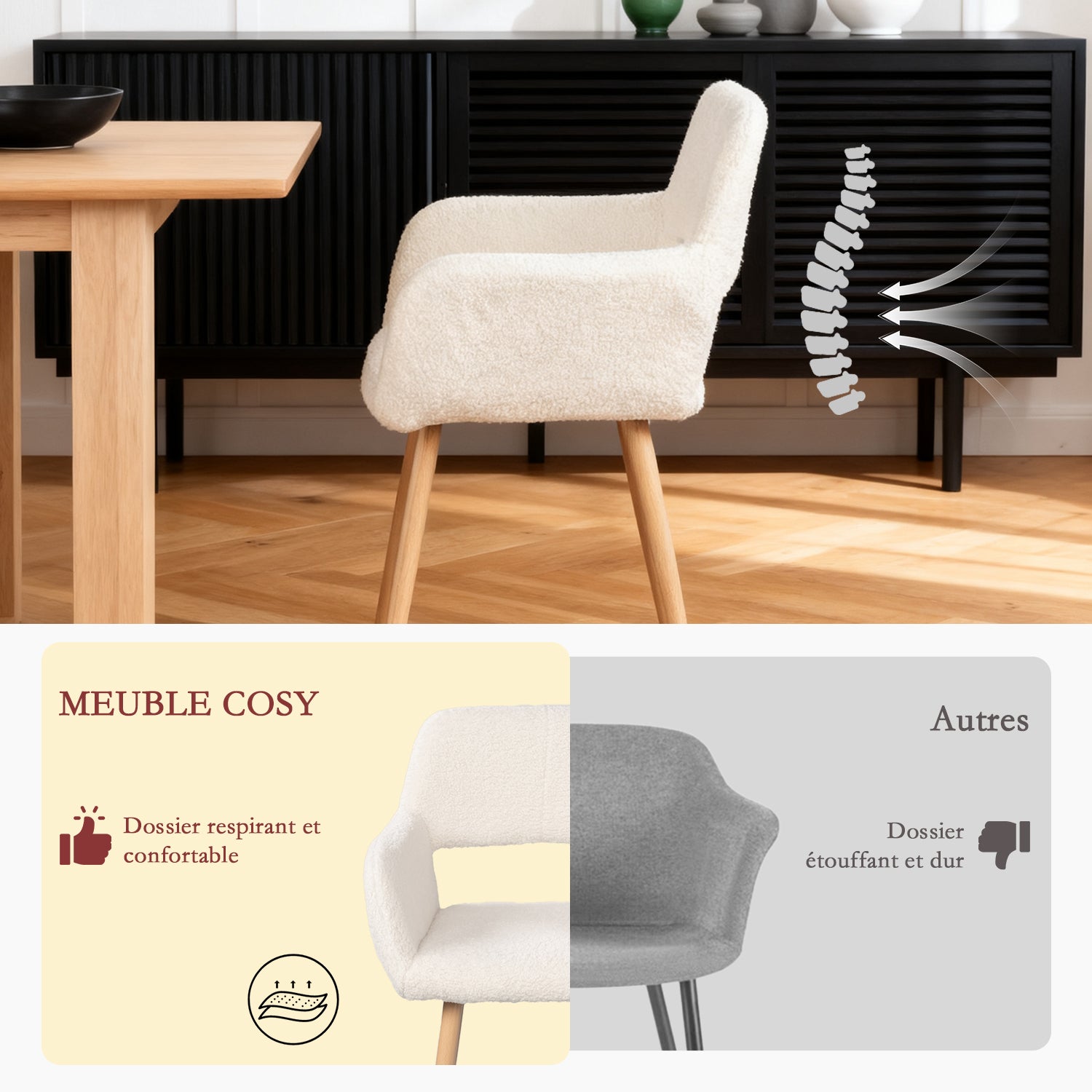 Lot de 2 fauteuils de salle à manger scandinaves avec accoudoirs en tissu mouton bouclette beige - CROMWELL