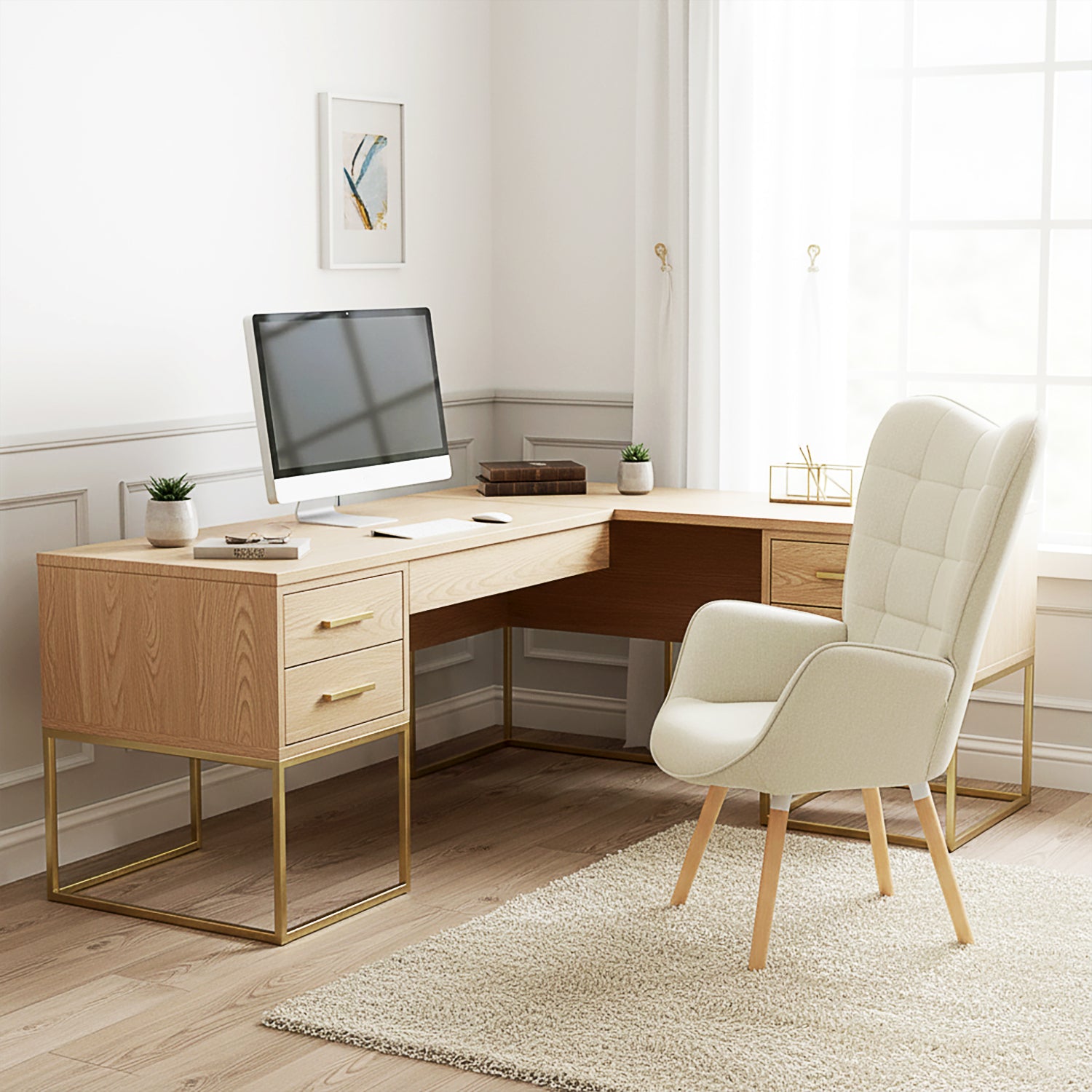 Fauteuil scandinave avec accoudoirs en tissu beige à surpiqûres - FUNKEL
