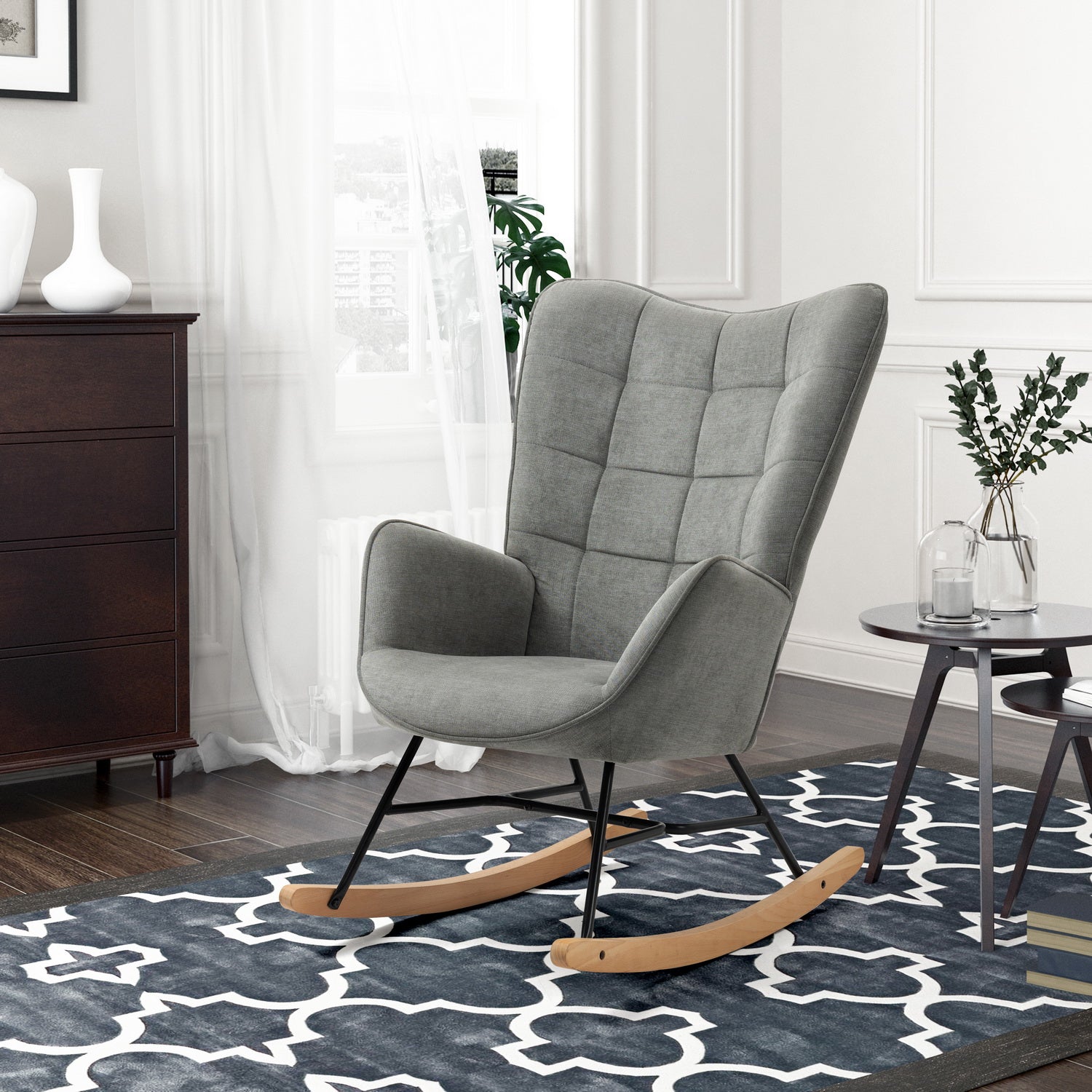 Scandinavian breastfeeding armchair with armrests in gray fabric with stitching - Funkel
