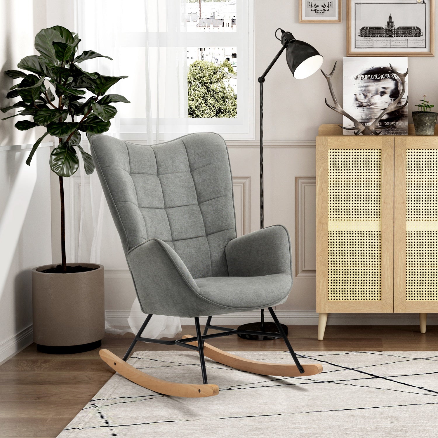 Scandinavian breastfeeding armchair with armrests in gray fabric with stitching - Funkel